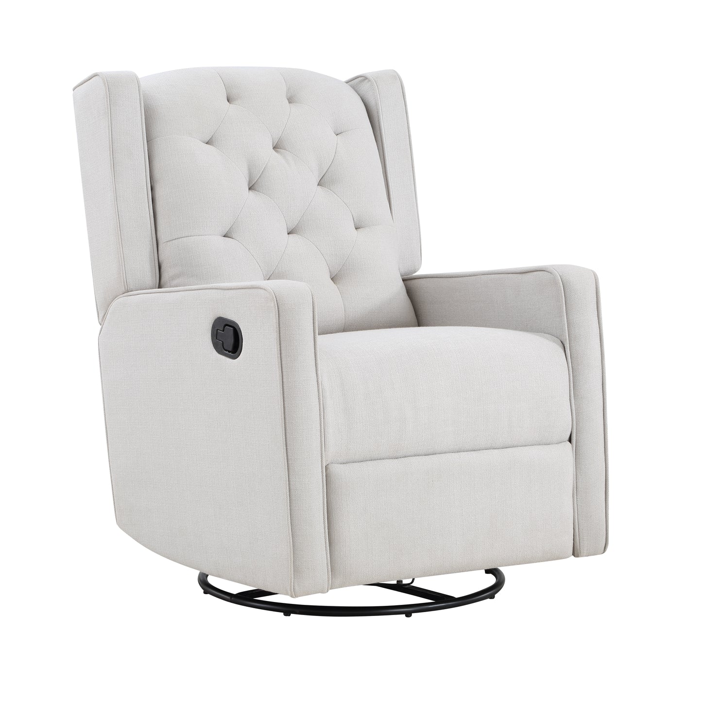 Upholstered cream swivel glider recliner with button tufted back