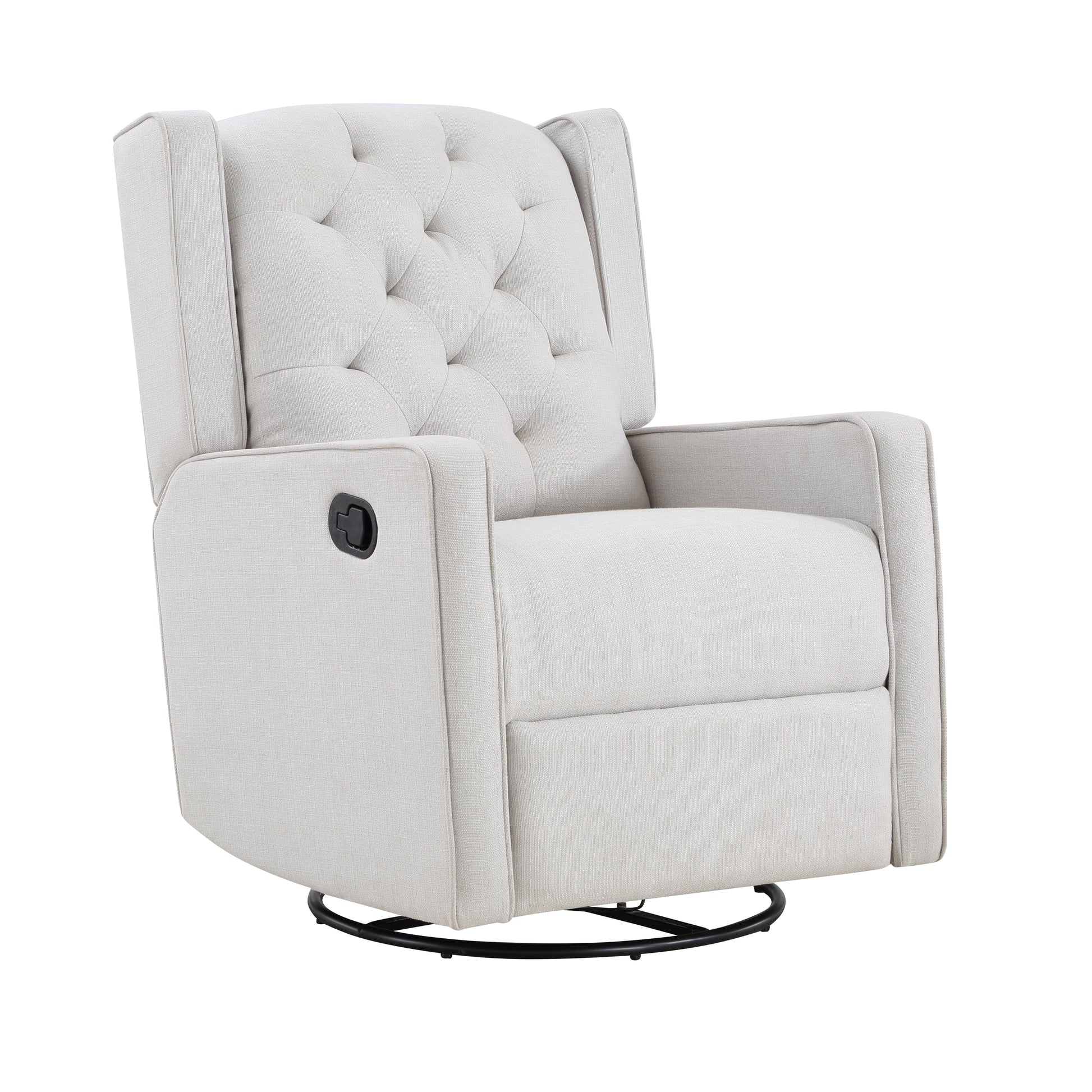 Upholstered cream swivel glider recliner with button tufted back