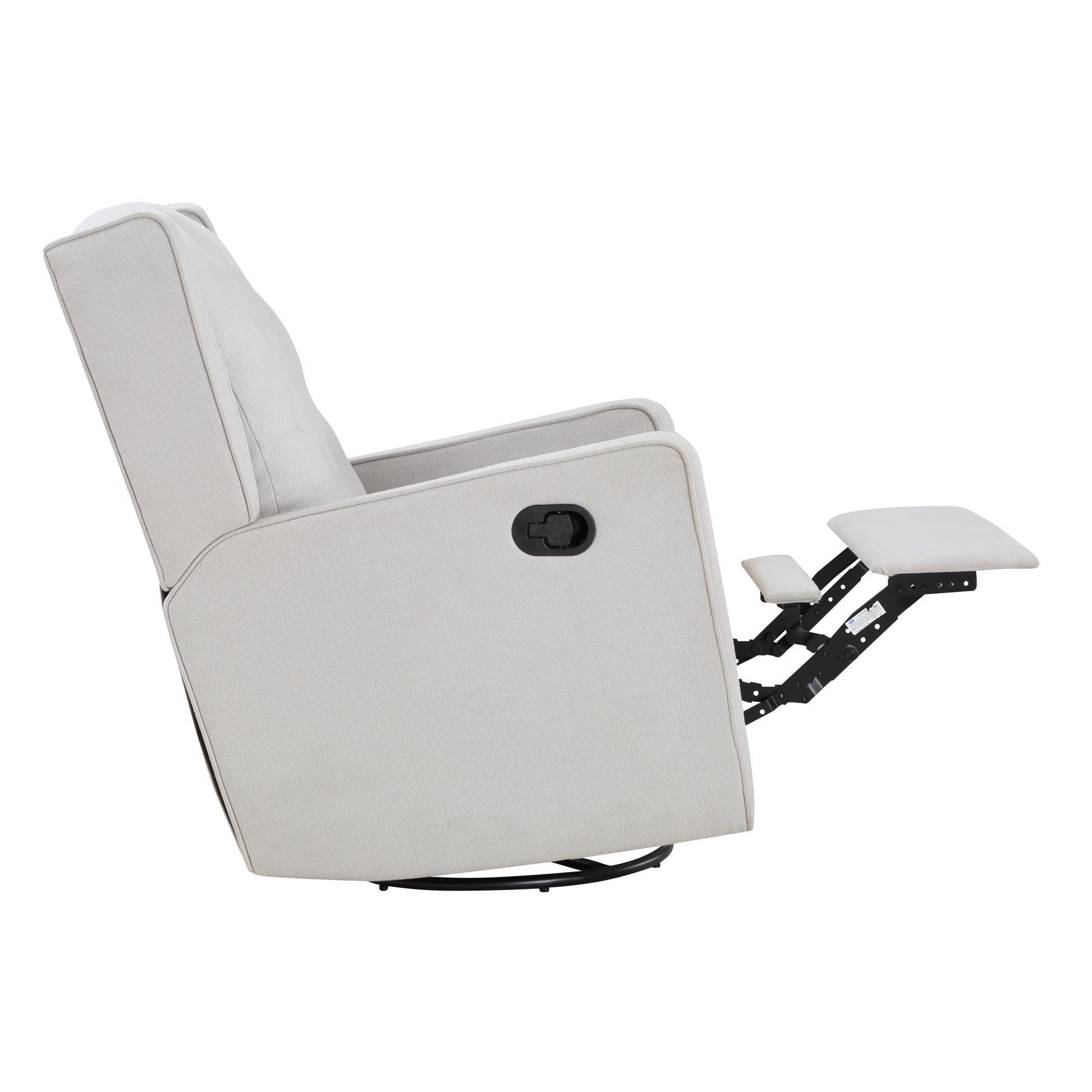 Light gray upholstered recliner chair with extended footrest and black metal base