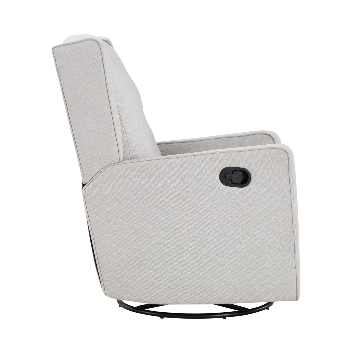 Light beige fabric recliner with a black side lever and a circular black metal base