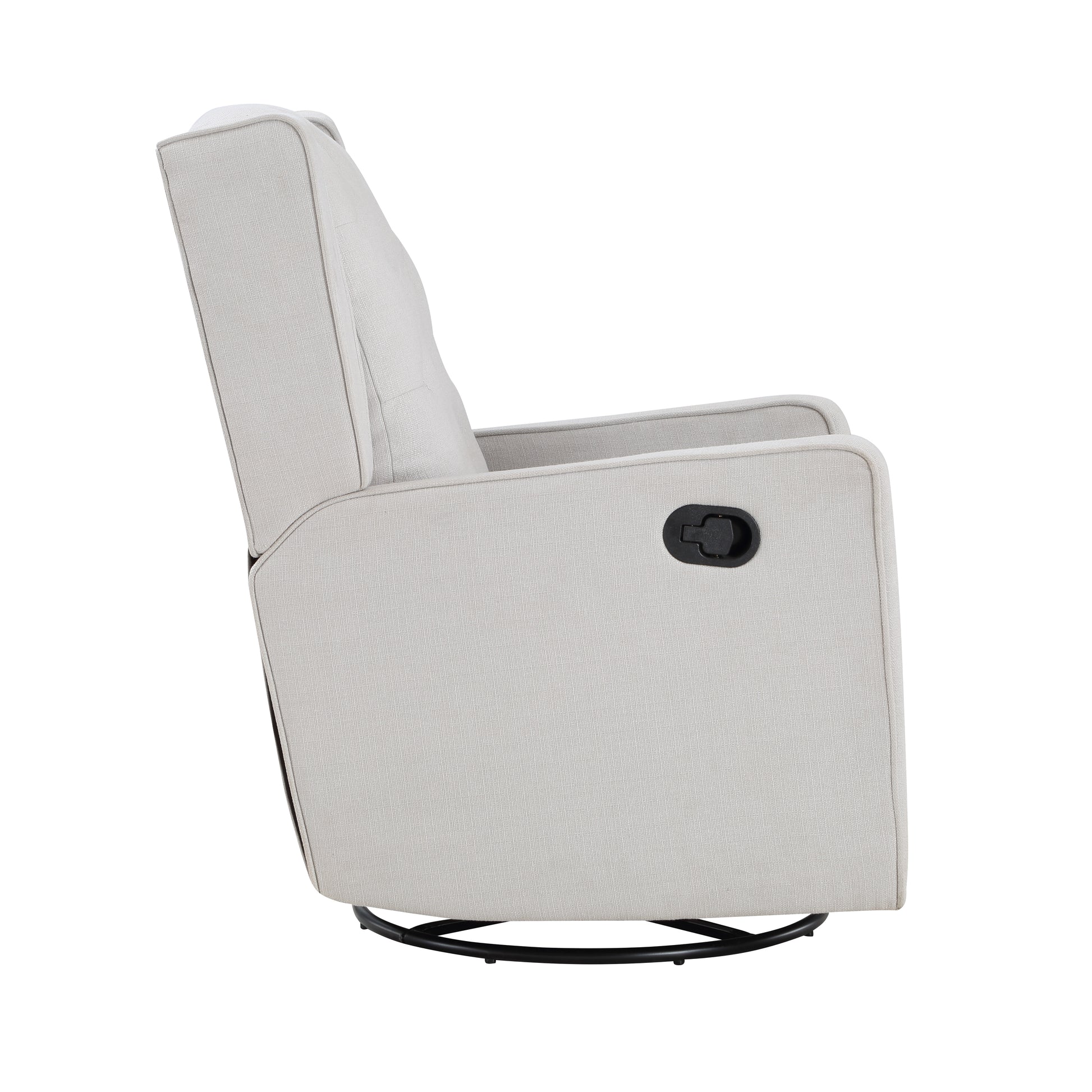 Light beige fabric recliner with a black side lever and a circular black metal base