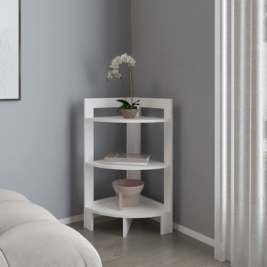 White threetier corner shelf unit with minimalist design perfect for small spaces
