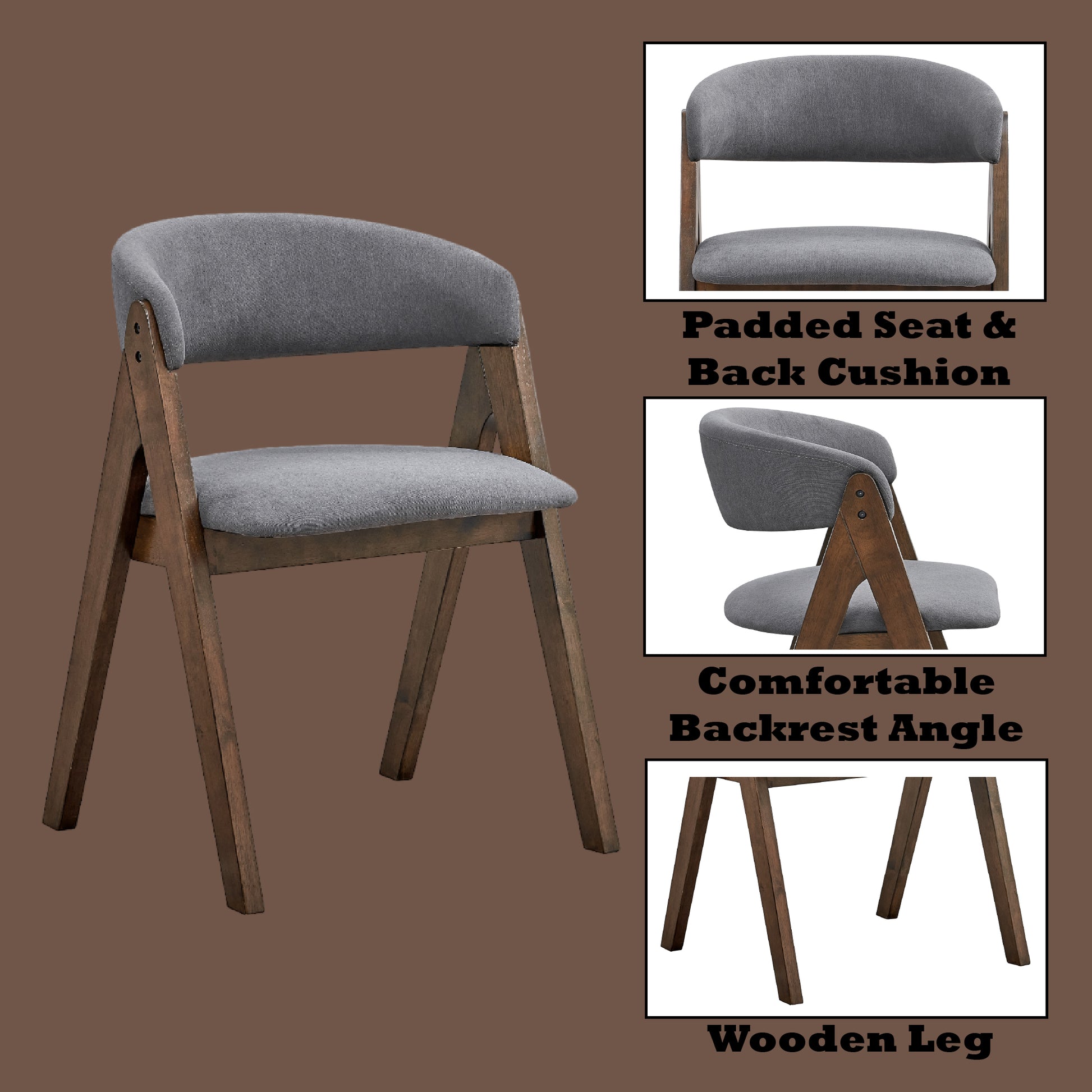 Gray upholstered dining chair with wooden frame and comfortable backrest