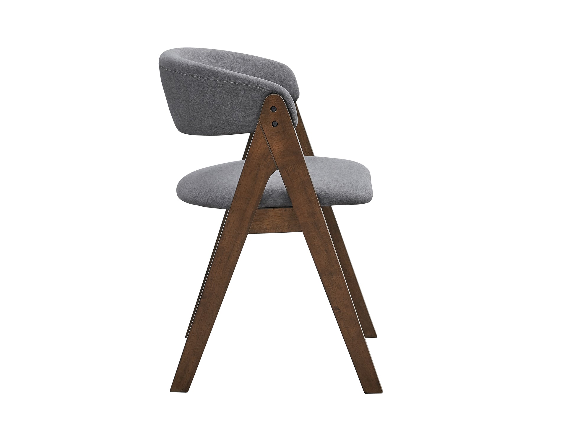 Gray upholstered dining chair with dark wood legs midcentury modern style