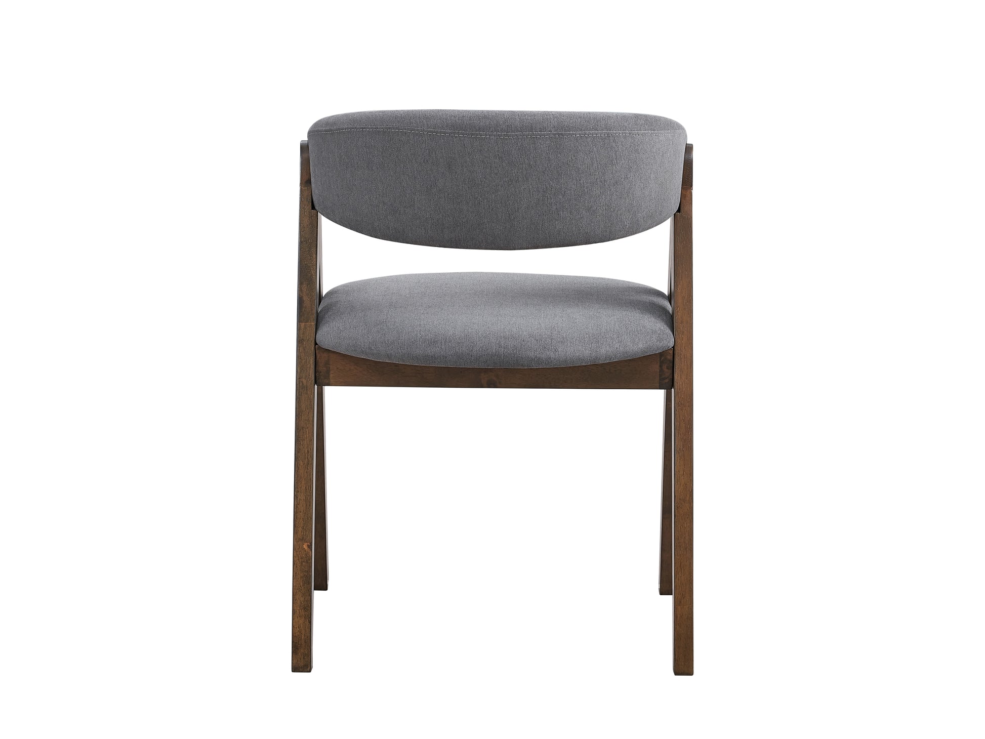 Upholstered gray dining chair with a curved back and wooden frame