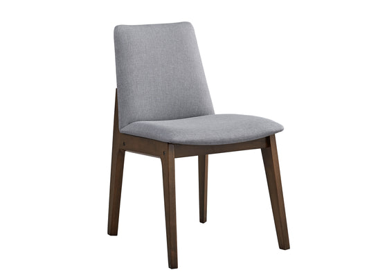 Gray upholstered dining chair with dark wood legs modern design
