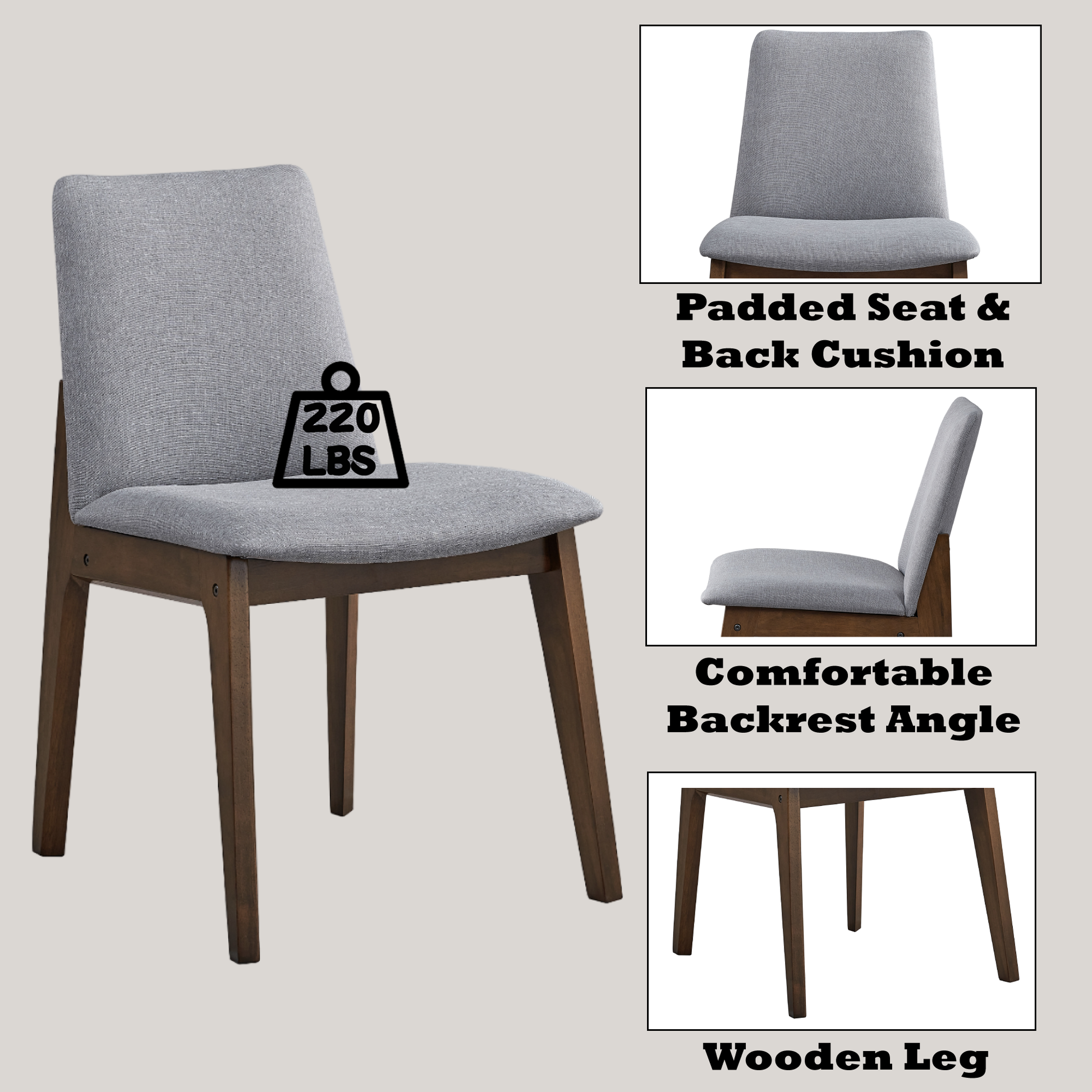 Grey fabric dining chair with sturdy wooden legs and  lb capacity