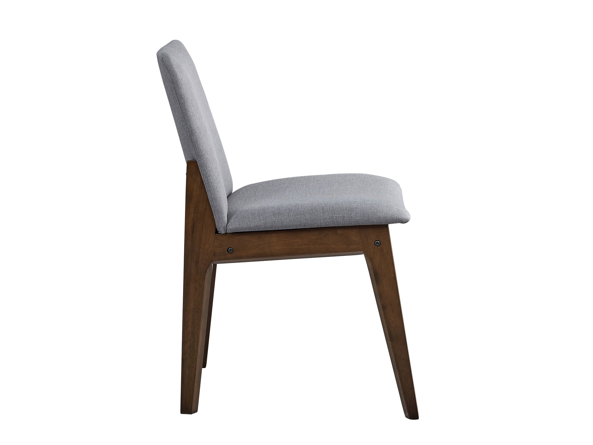 Side view of a gray upholstered dining chair with dark wood legs