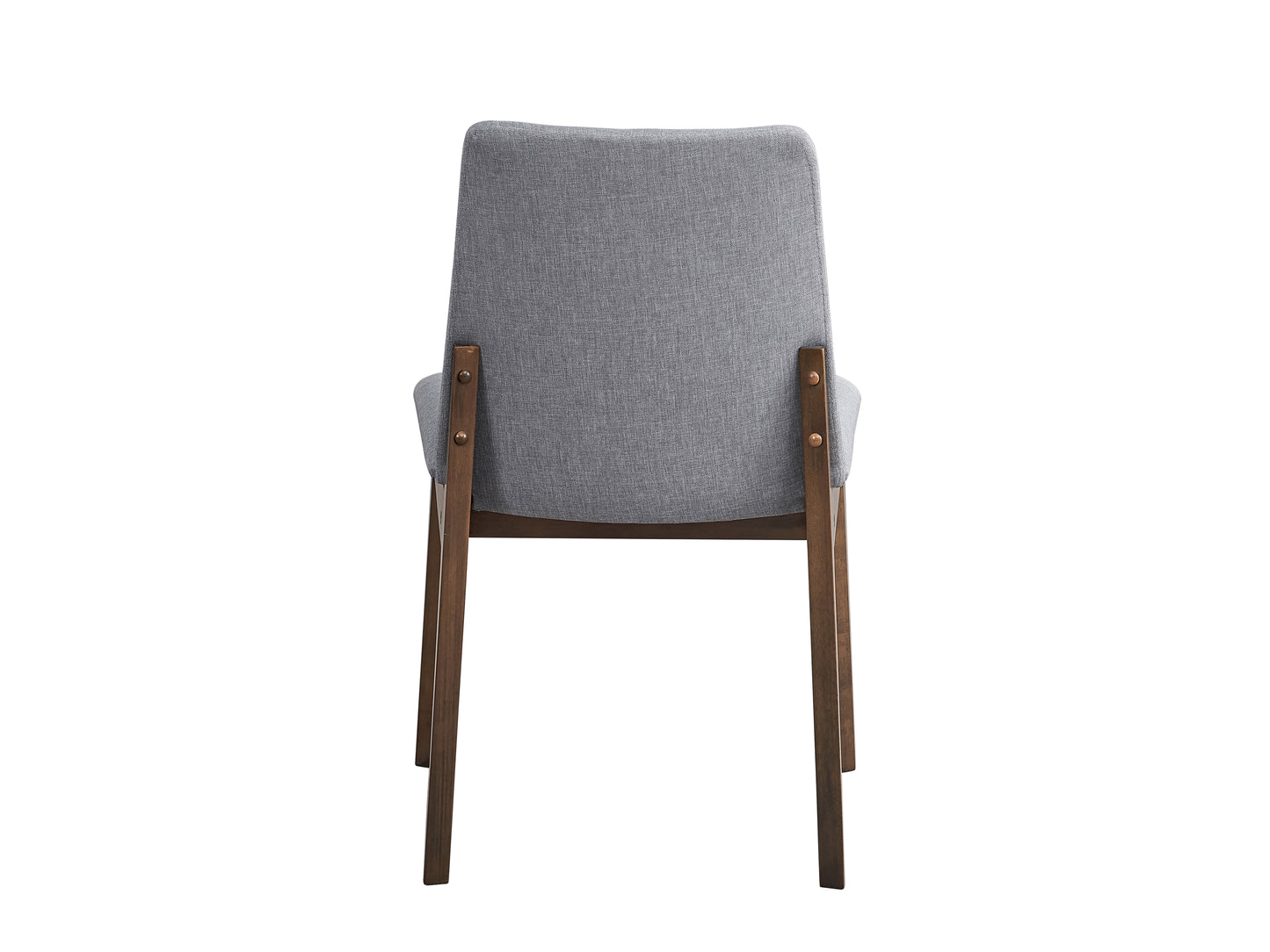 Back view of a grey fabric upholstered dining chair with dark wood legs