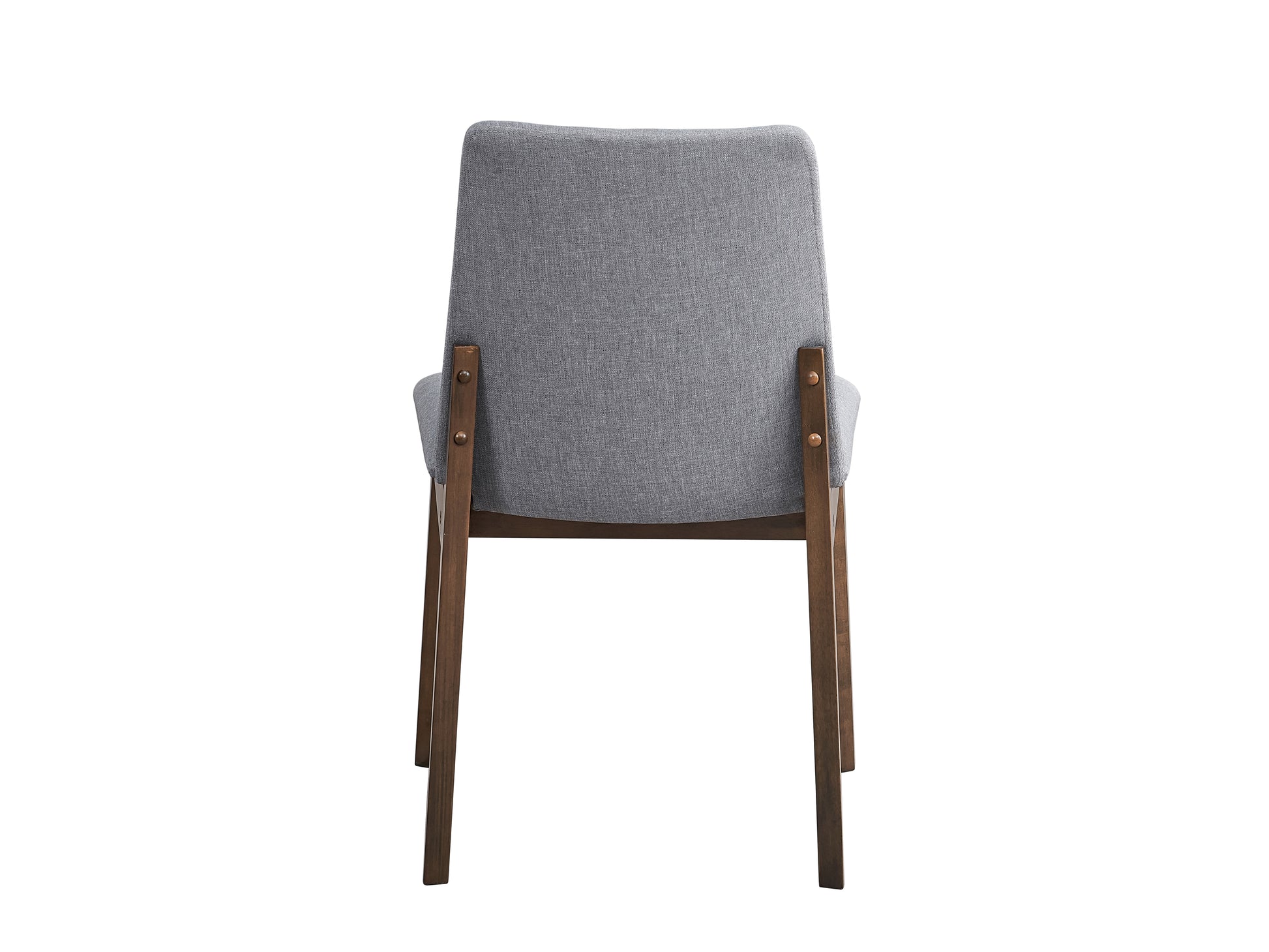 Back view of a grey fabric upholstered dining chair with dark wood legs