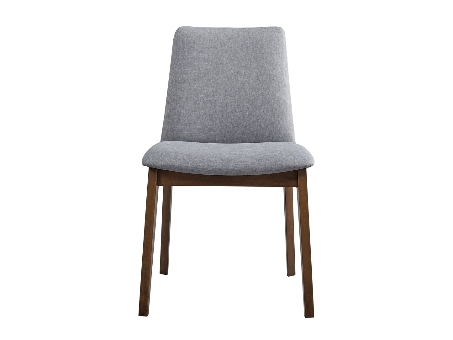Modern grey upholstered dining chair with dark wood legs perfect for any kitchen