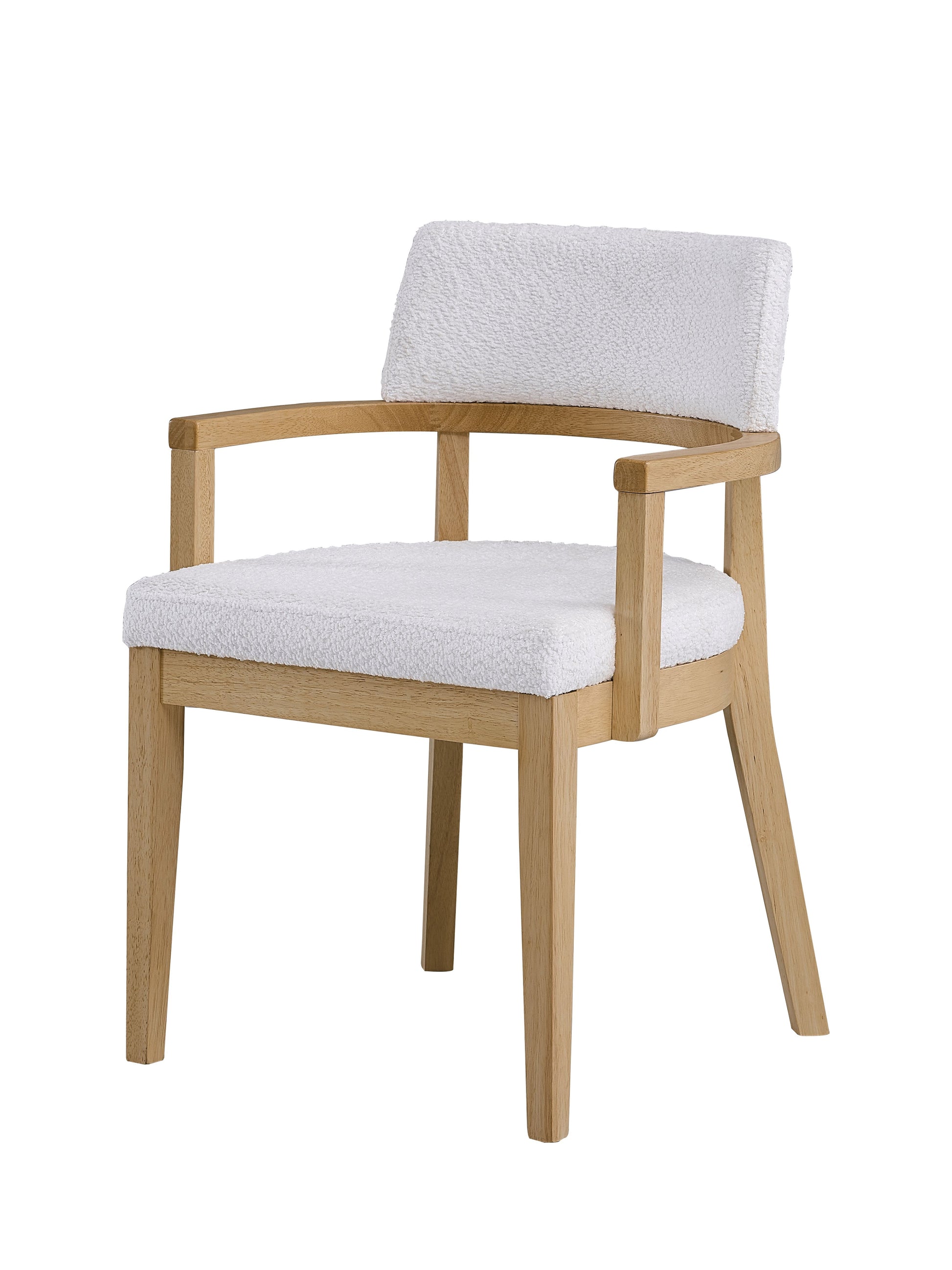 White boucle fabric armchair with natural wood frame contemporary accent chair