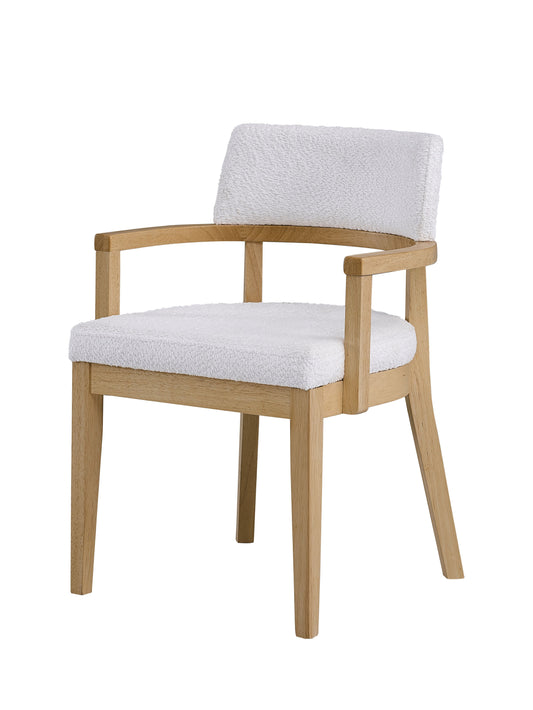 White boucle fabric armchair with natural wood frame contemporary accent chair