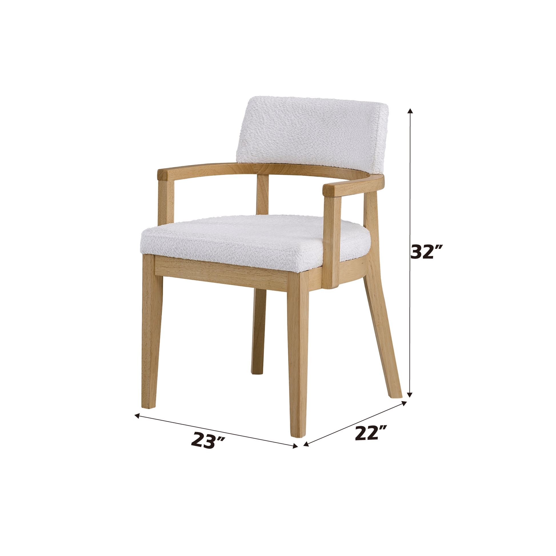 White boucle upholstered arm chair with light oak wood frame