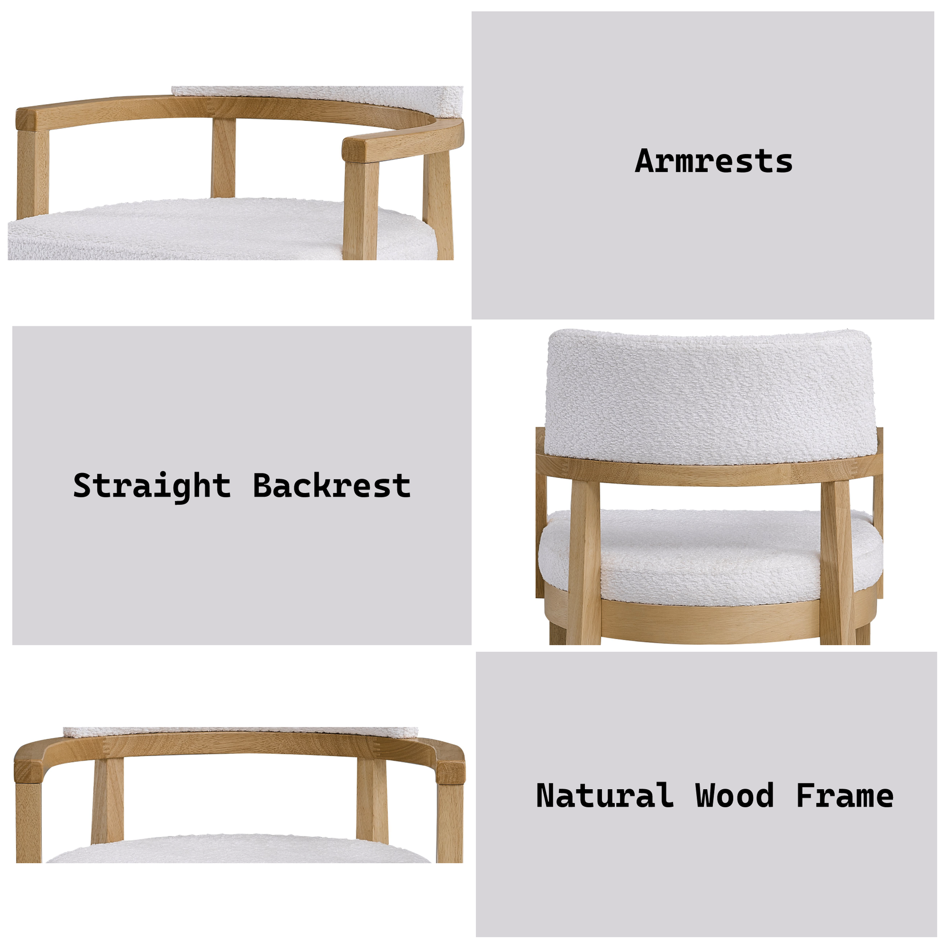 Curved oak armrests on a white boucle armchair