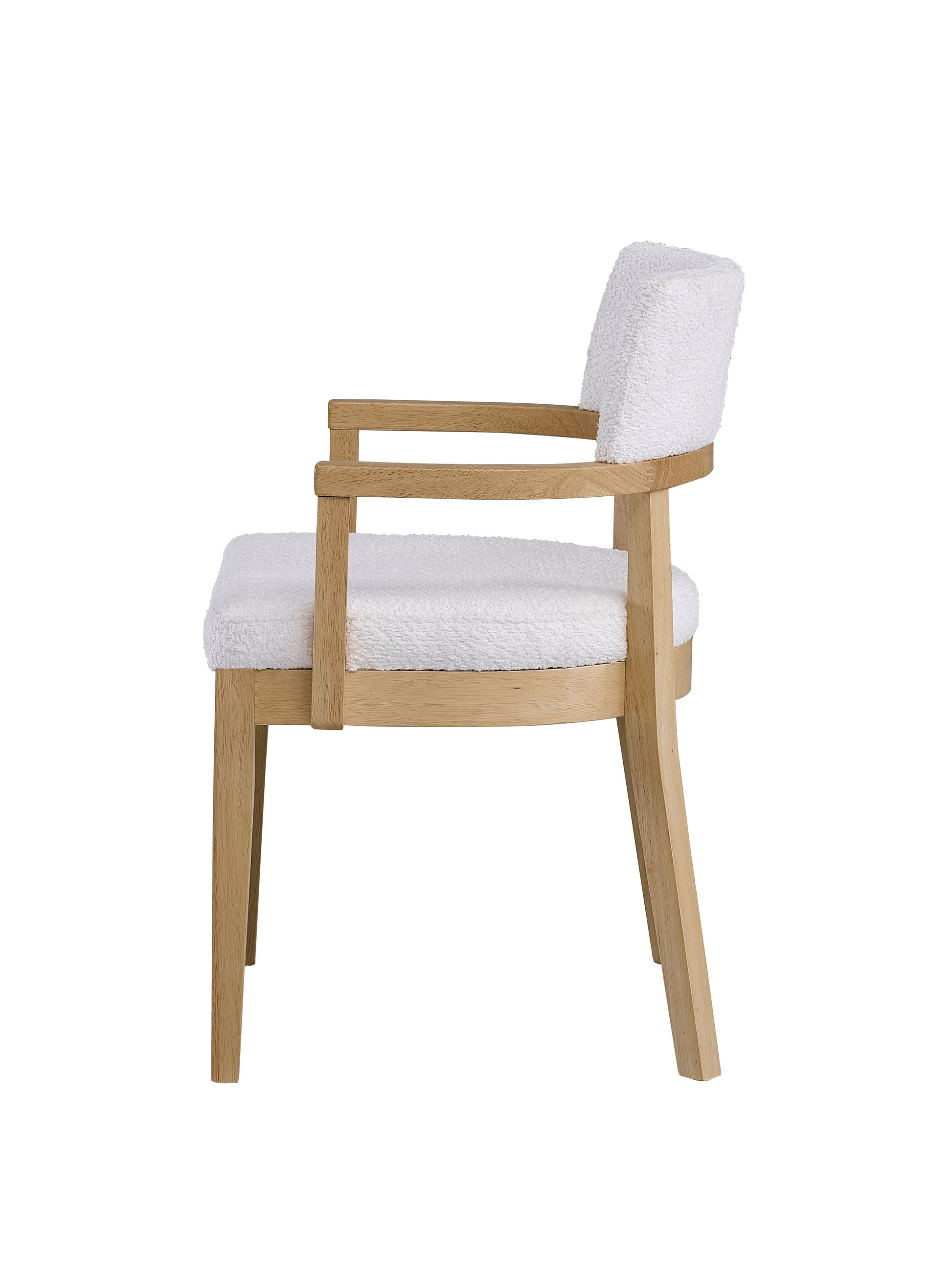 White boucle armchair with light wood frame and armrests