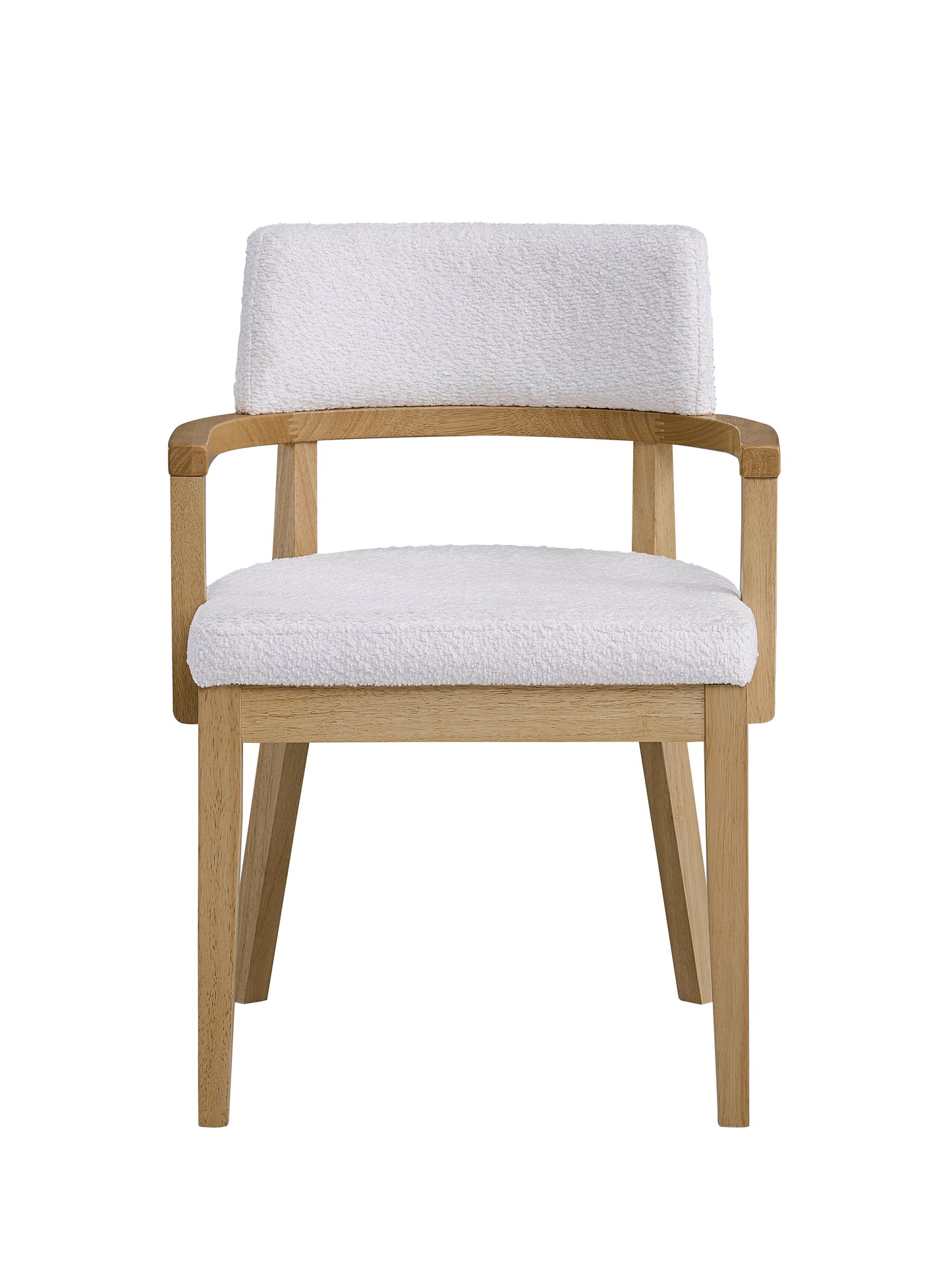 Modern accent chair with natural wood frame and plush white boucle upholstery for living rooms