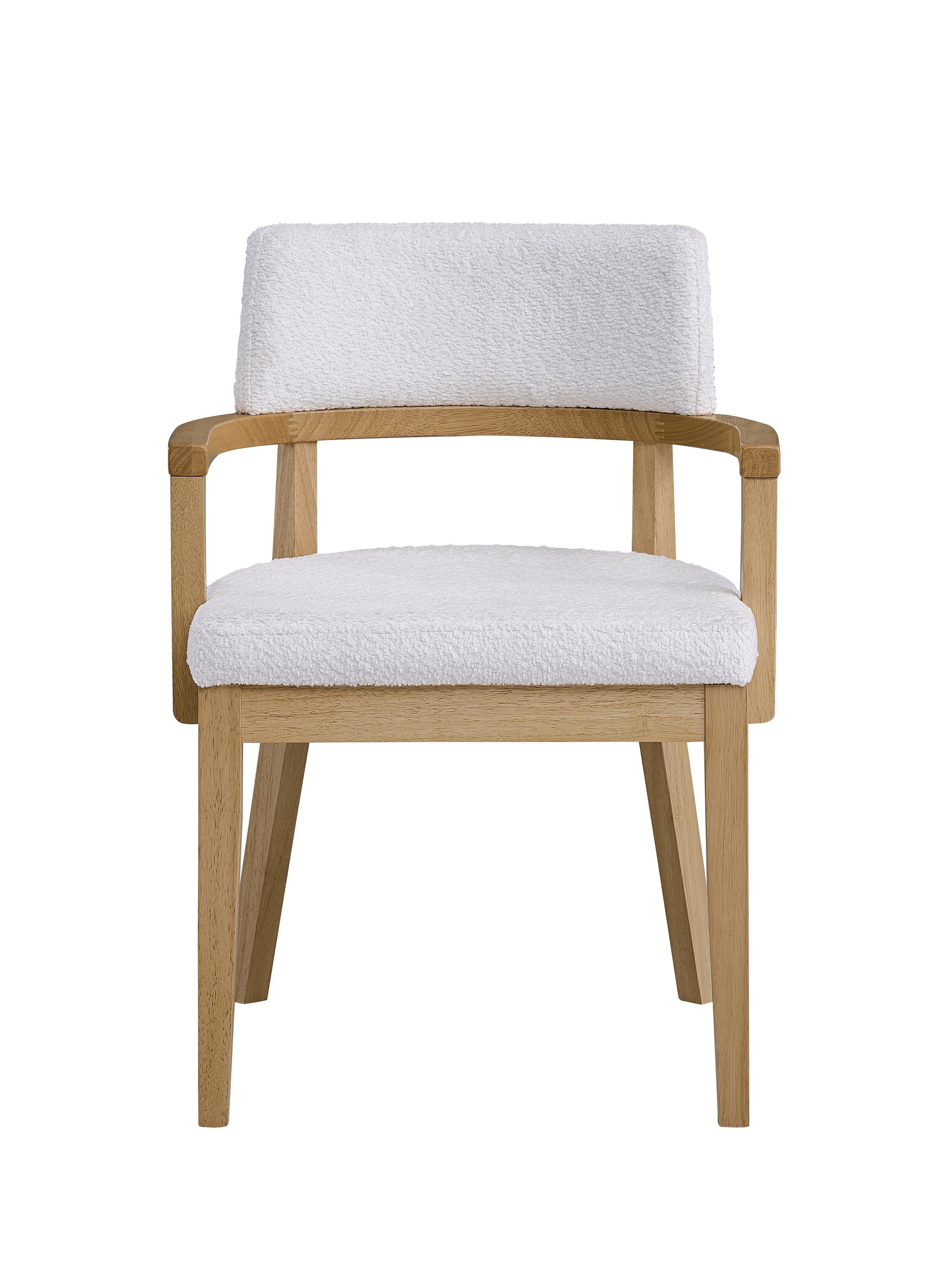 Modern accent chair with natural wood frame and plush white boucle upholstery for living rooms