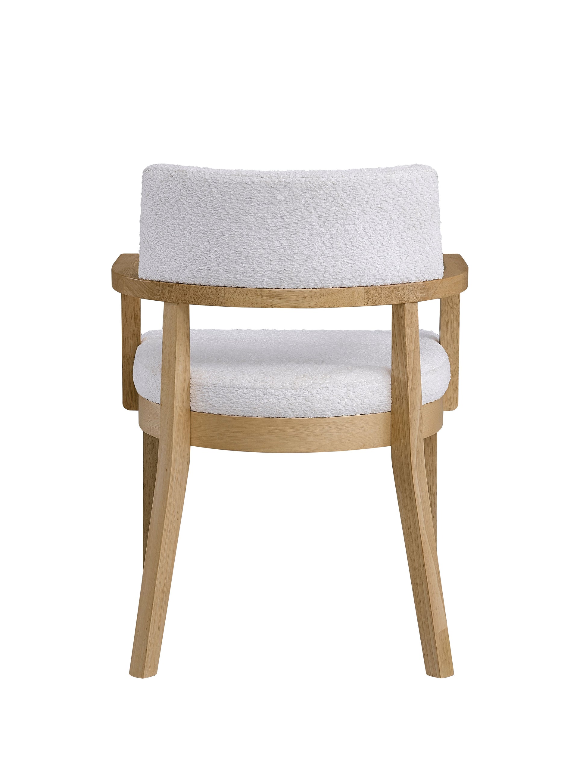 Plush white boucle accent chair with light oak wood frame modern design