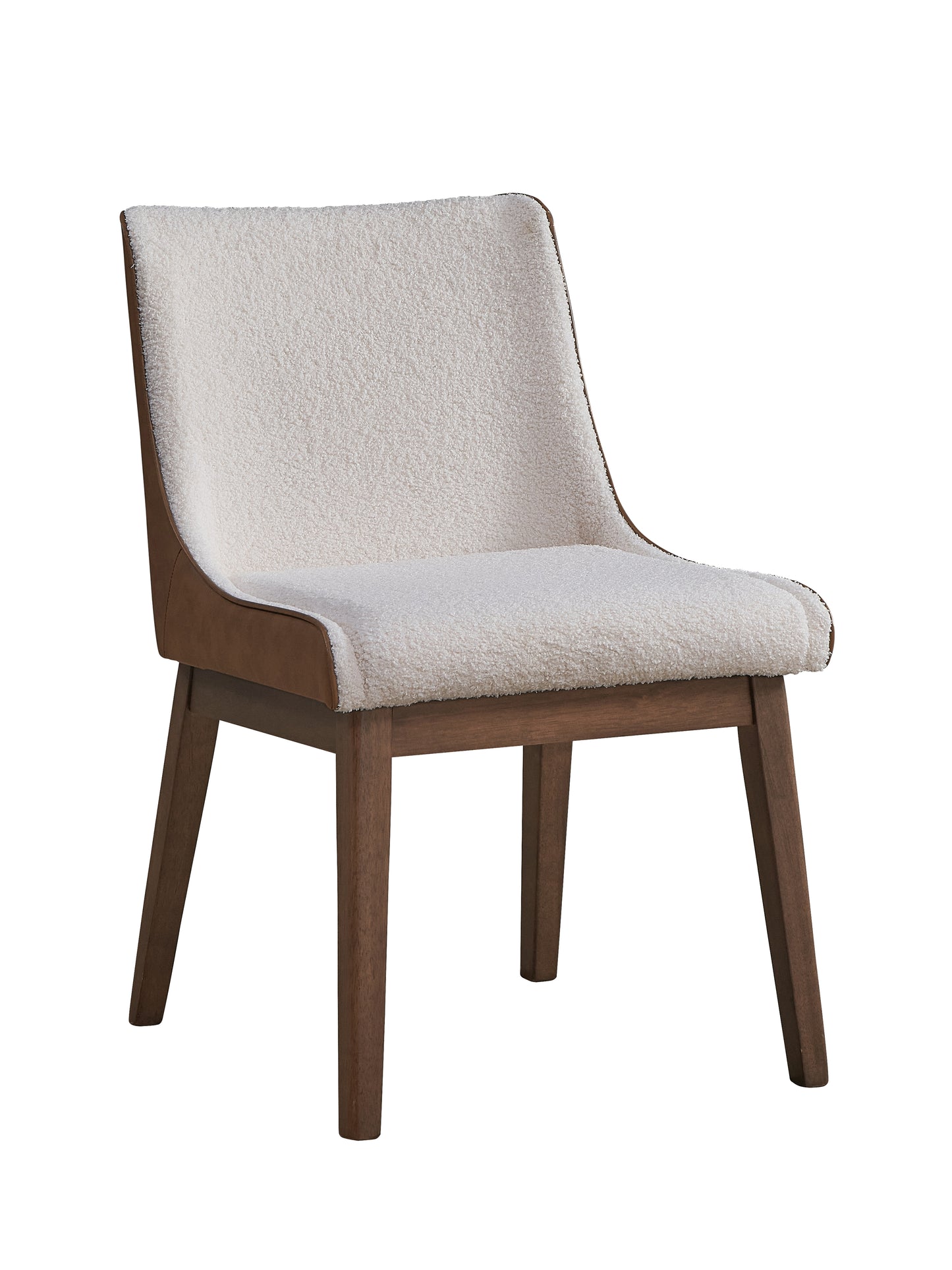 Cream boucle dining chair with brown faux leather accents and dark wood legs