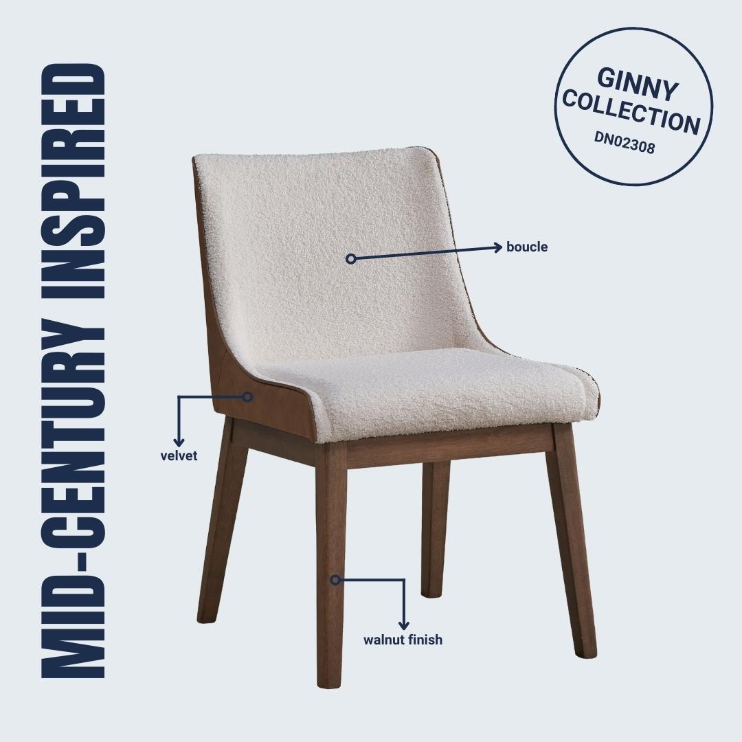 Midcentury inspired accent chair with white boucle upholstery and walnut wood legs