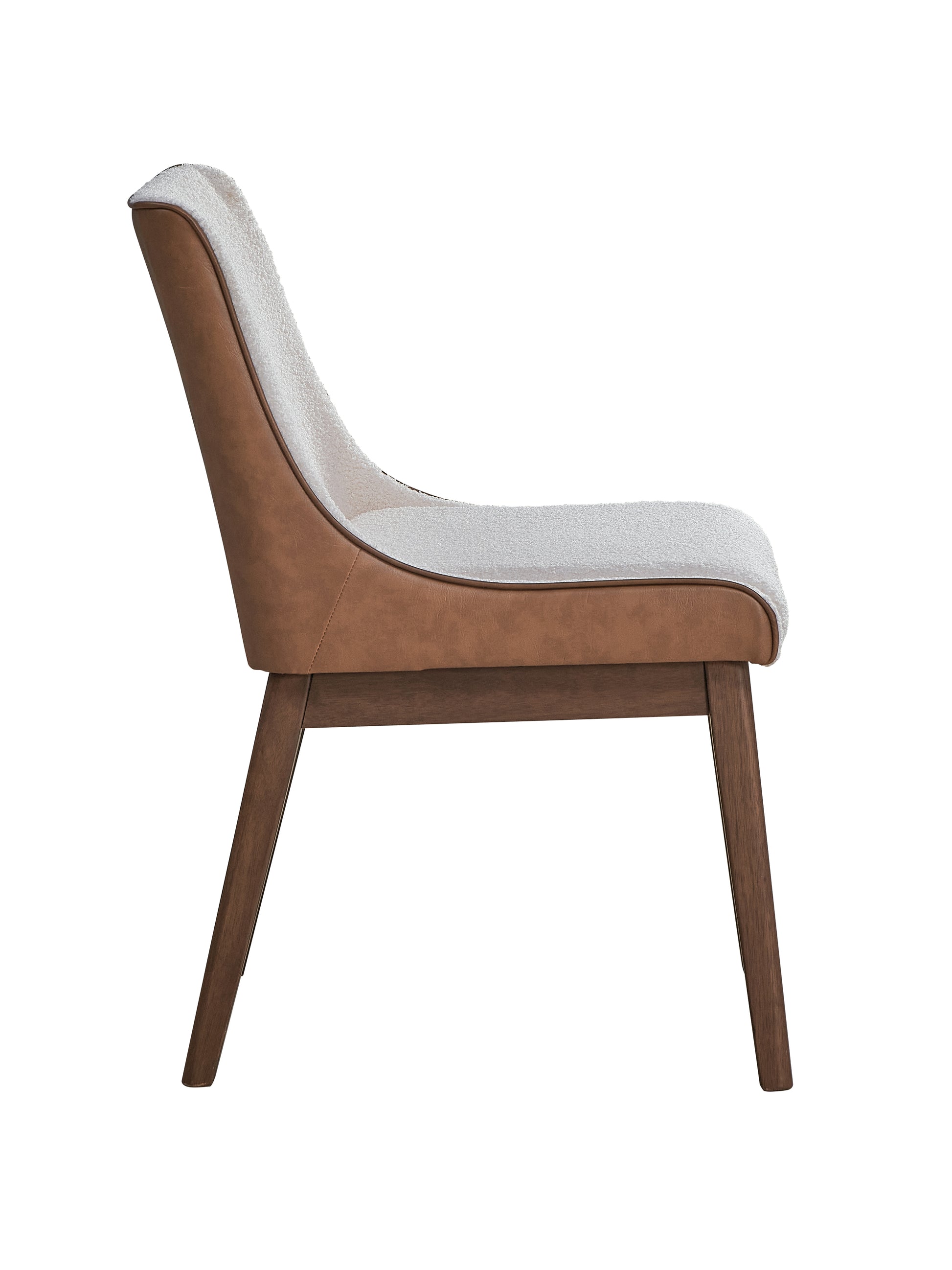 Modern accent chair with brown leather and white textured upholstery