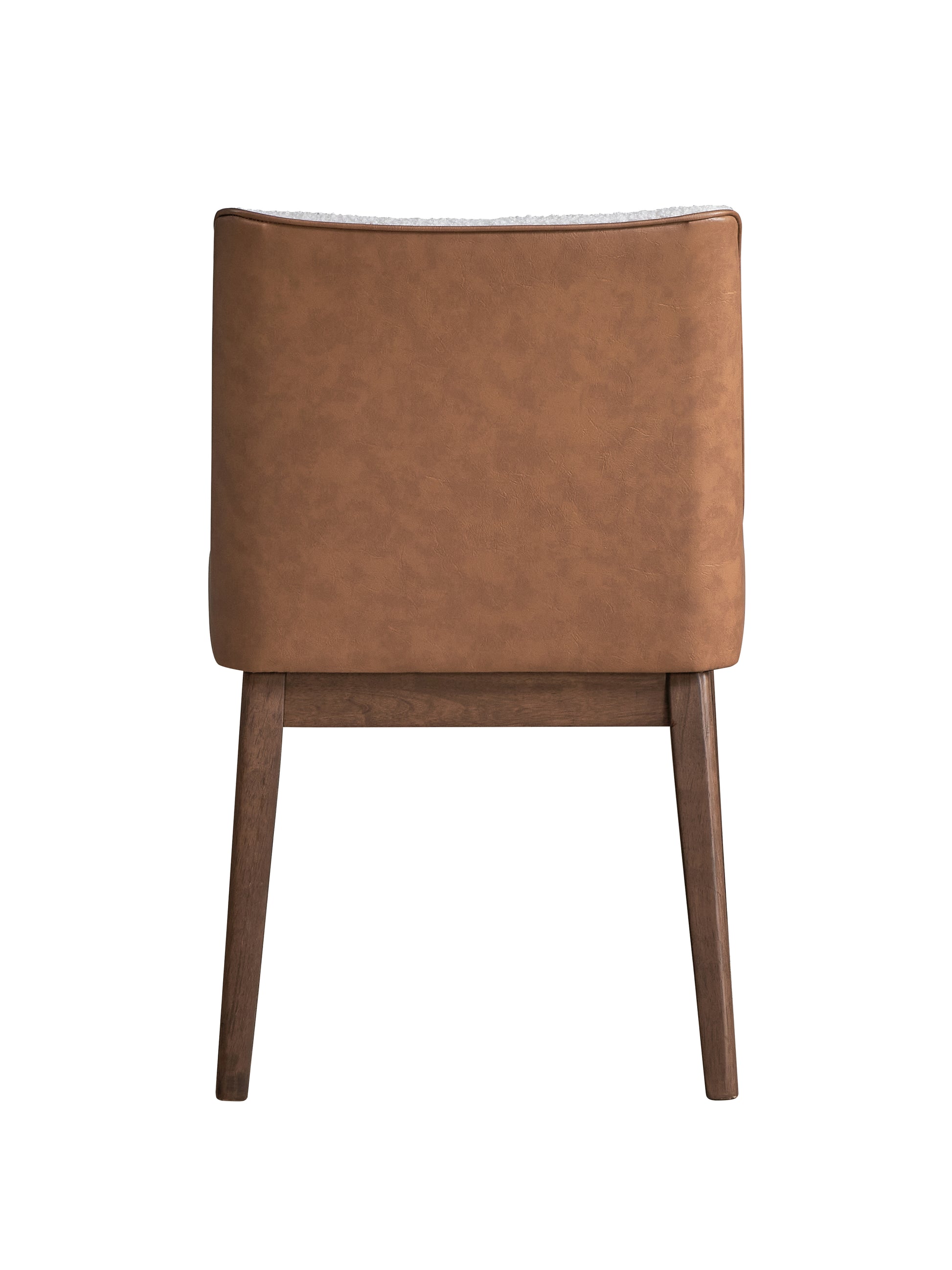 Back view of a brown faux leather dining chair with textured white seat and dark wood legs