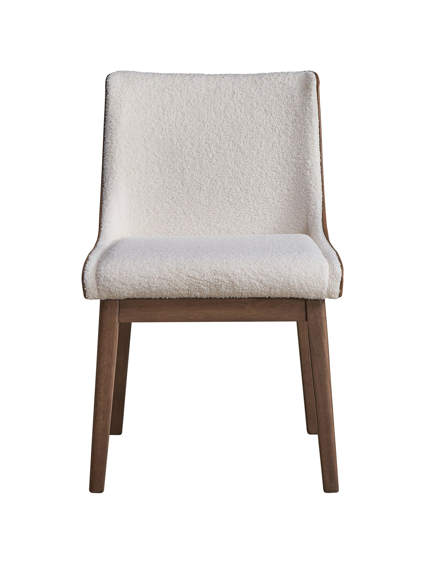 Cream boucle dining chair with dark wood legs