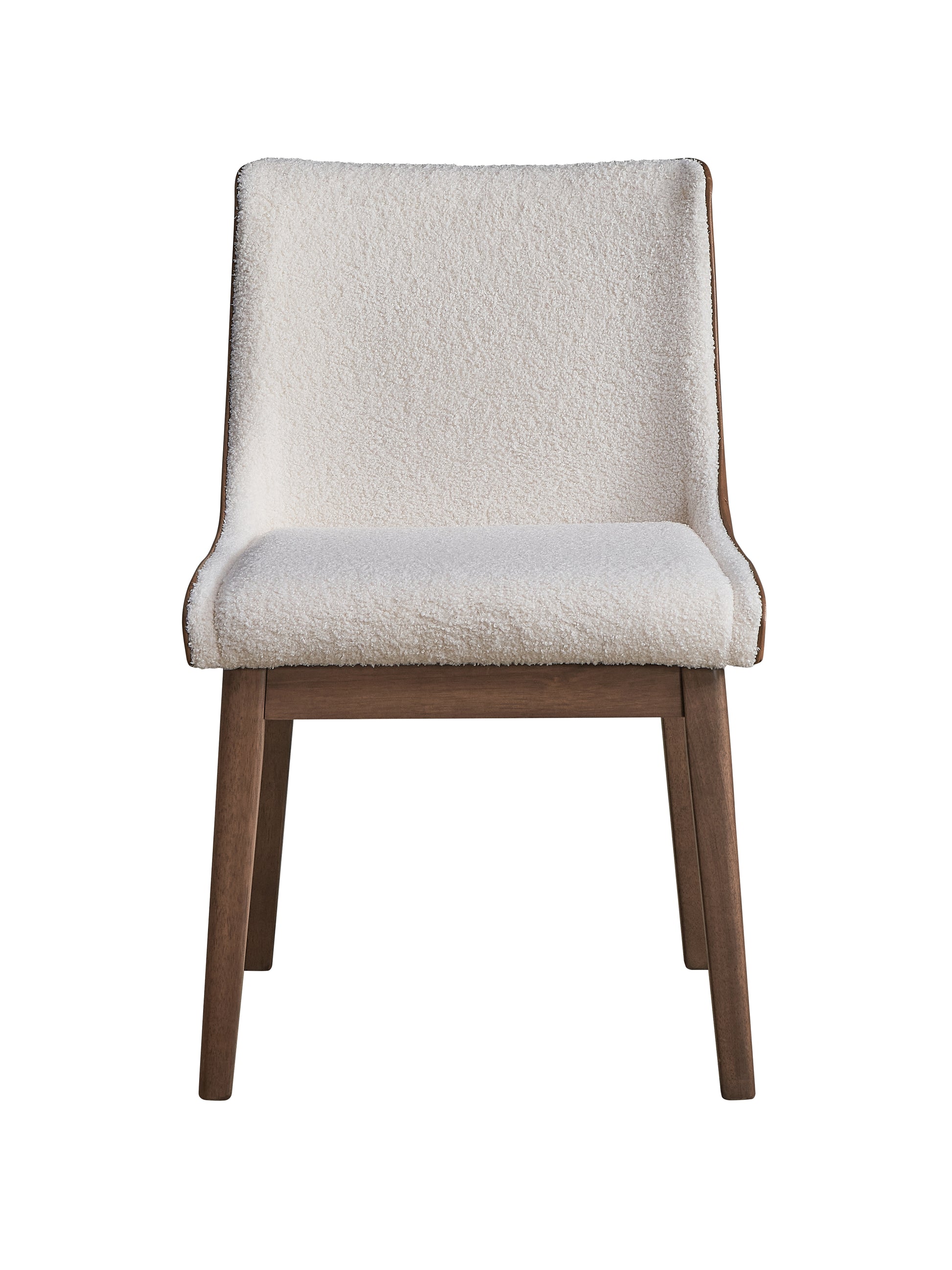 Cream boucle dining chair with dark wood legs