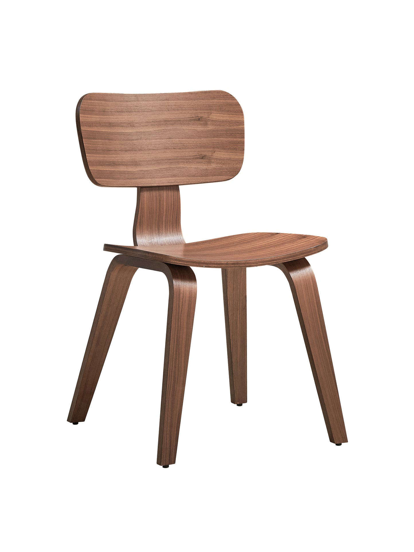 Curved walnut veneer dining chair with four tapered legs