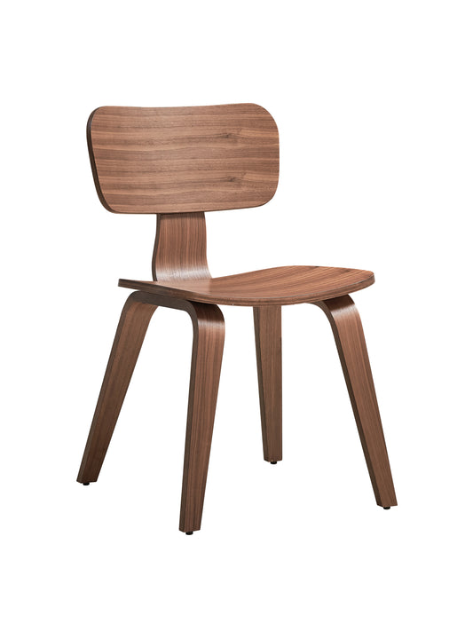 Curved walnut veneer dining chair with four tapered legs