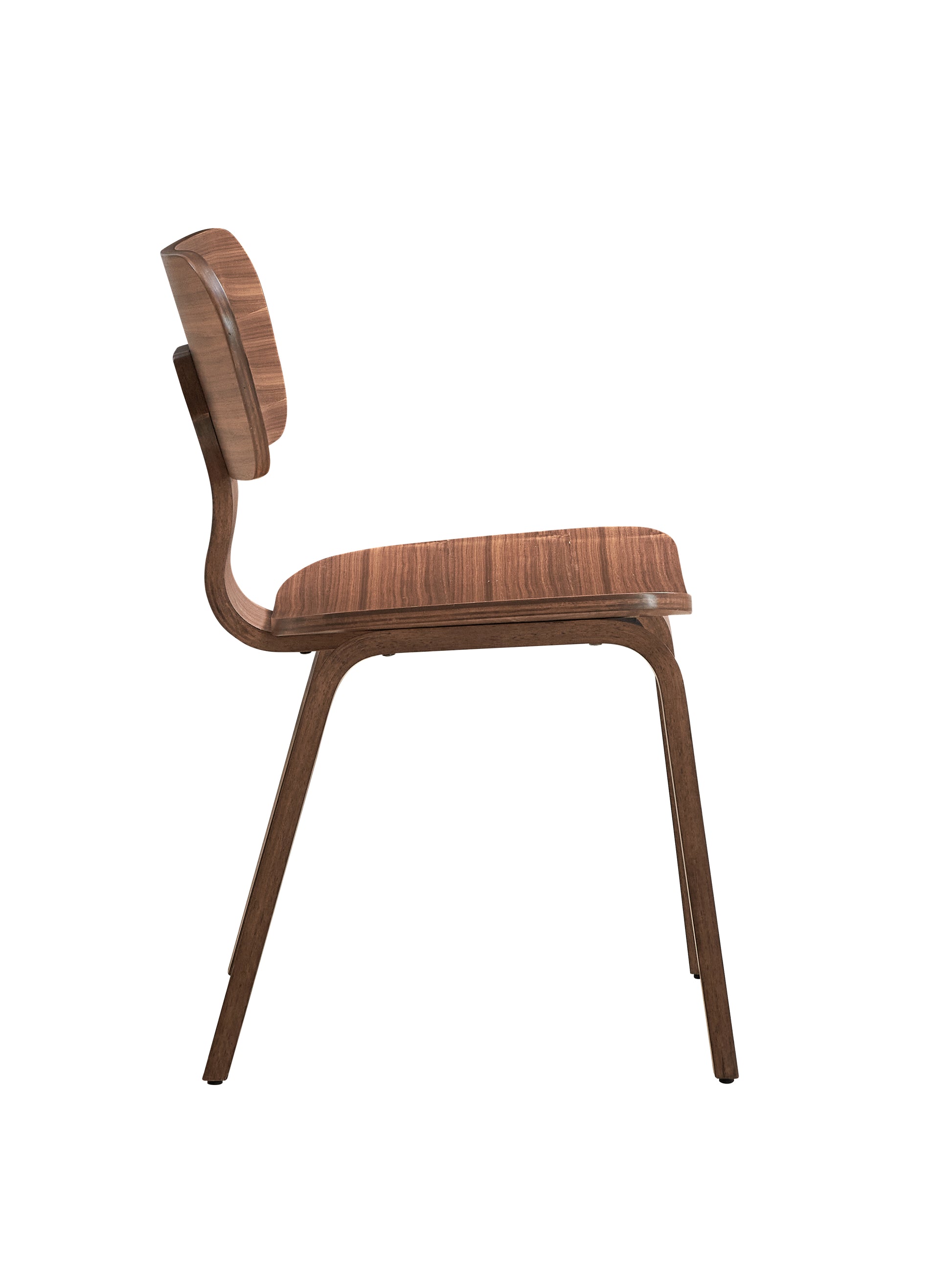 Curved walnut wood dining chair with modern minimalist design and metal legs