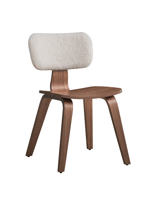 Modern accent chair with curved wood base and plush cream upholstery