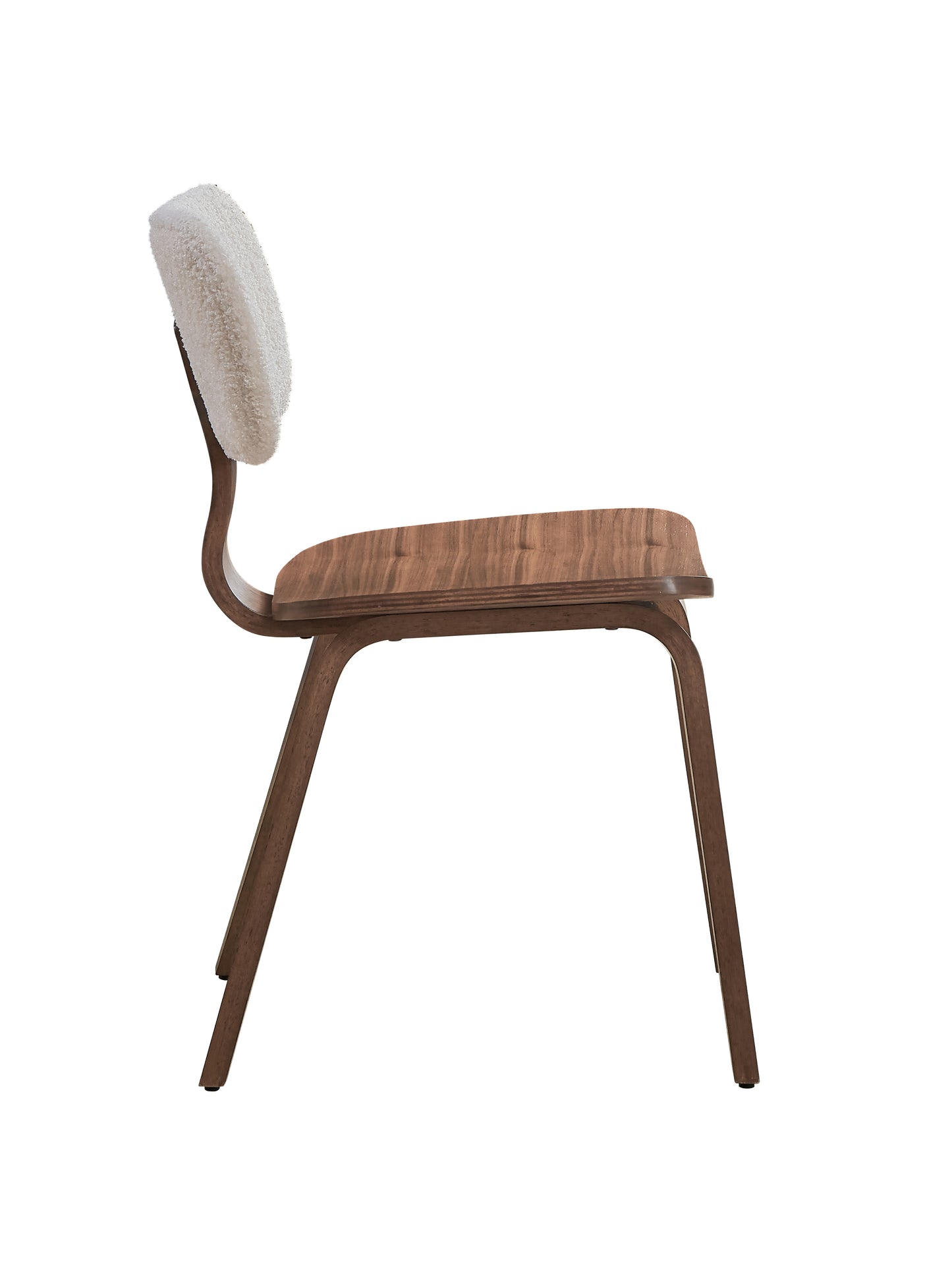 Midcentury modern wood dining chair with white boucle upholstered backrest