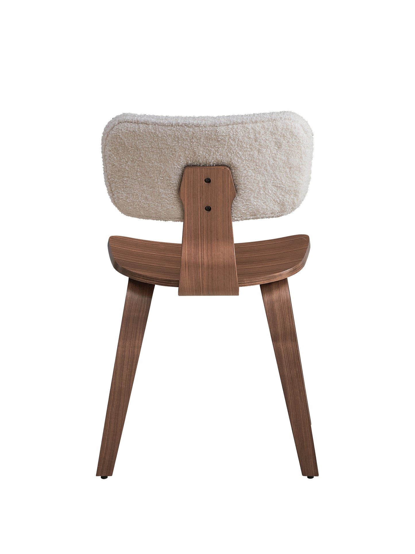Back view of a cream boucle upholstered chair with walnut wood legs