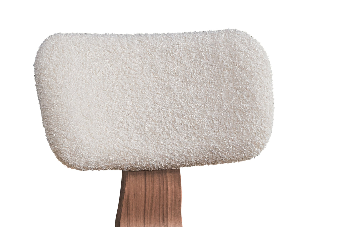 Plush white boucle ottoman with a wooden base perfect for a modern living room