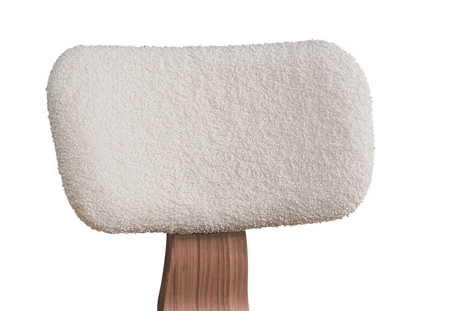 Plush white boucle ottoman with a wooden base perfect for a modern living room