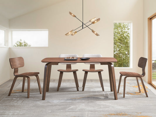 Modern walnut dining table with curved legs and matching chairs ideal for contemporary dining spaces