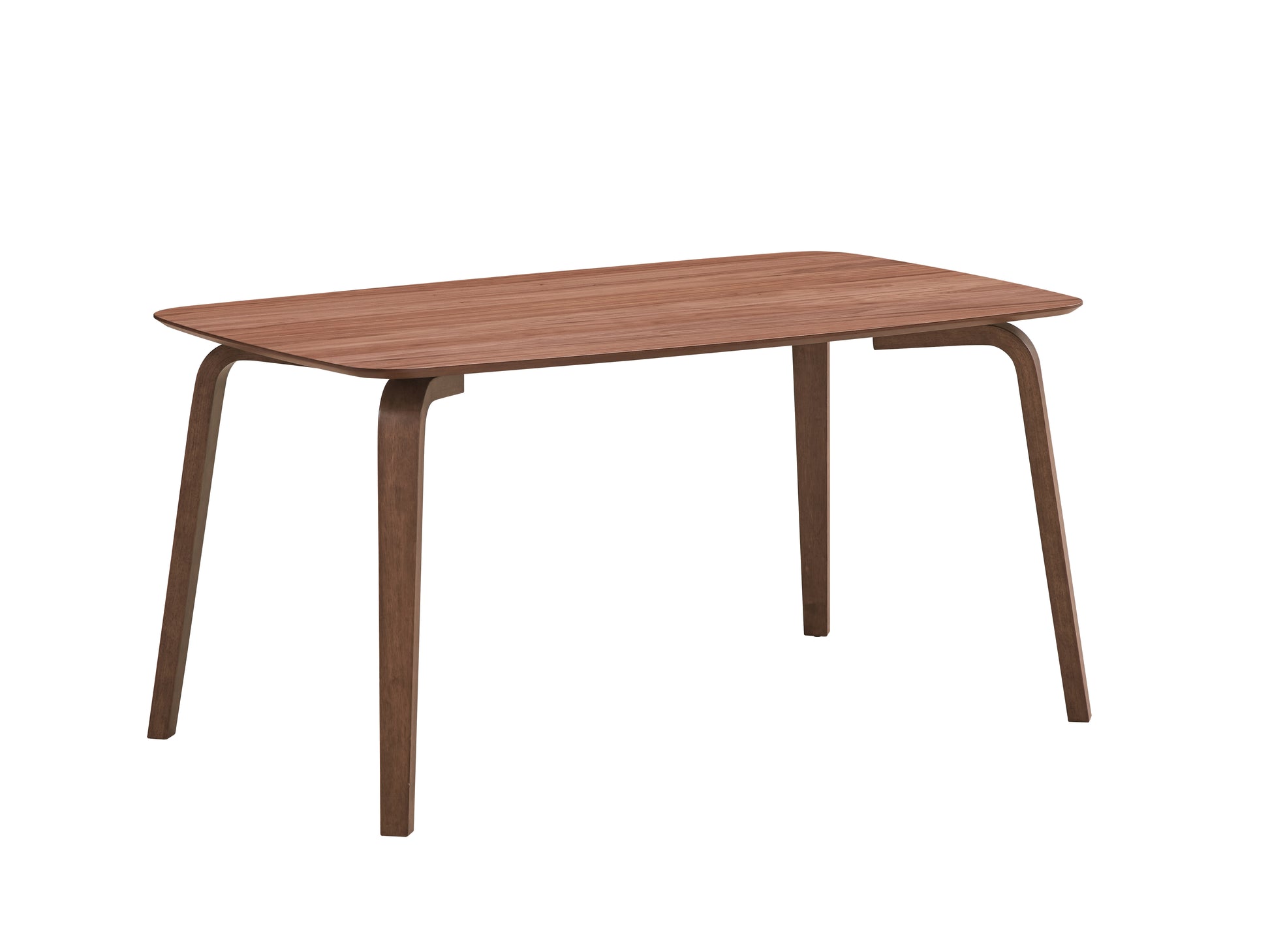 Midcentury modern dining table with rounded edges and a rich walnut finish