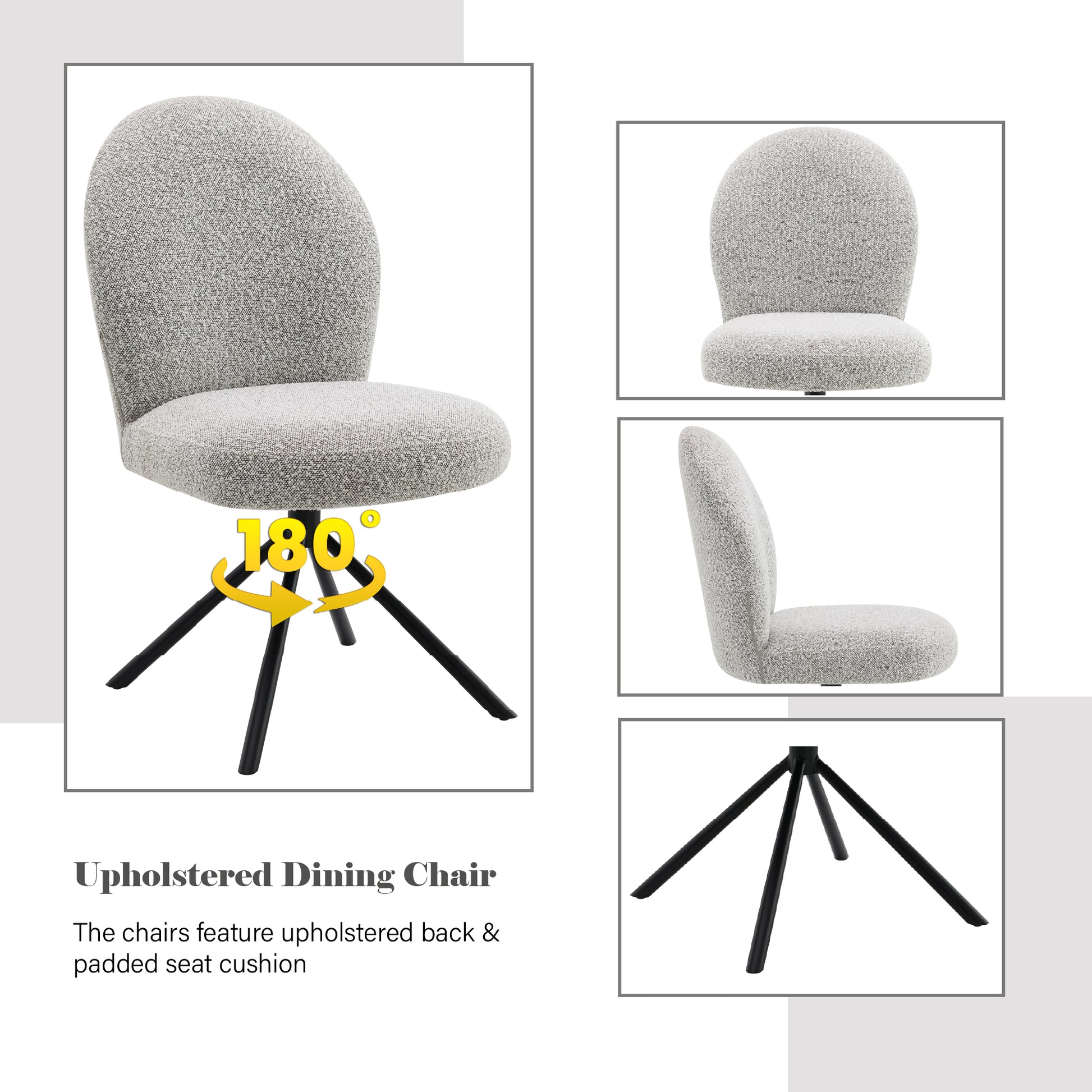 Light grey upholstered dining chair with black swivel base modern design