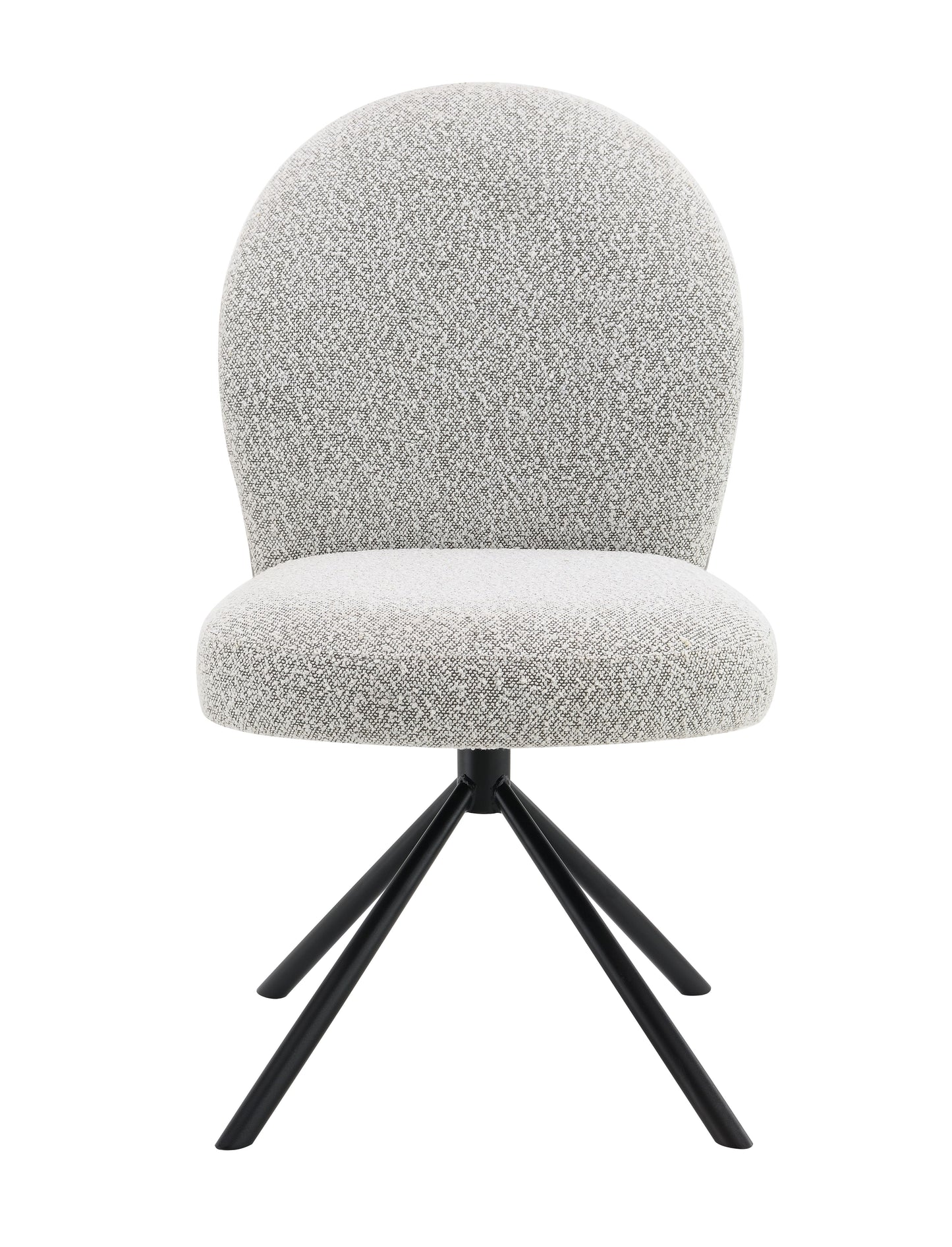 Textured grey upholstered modern accent chair with a black metal tripod base