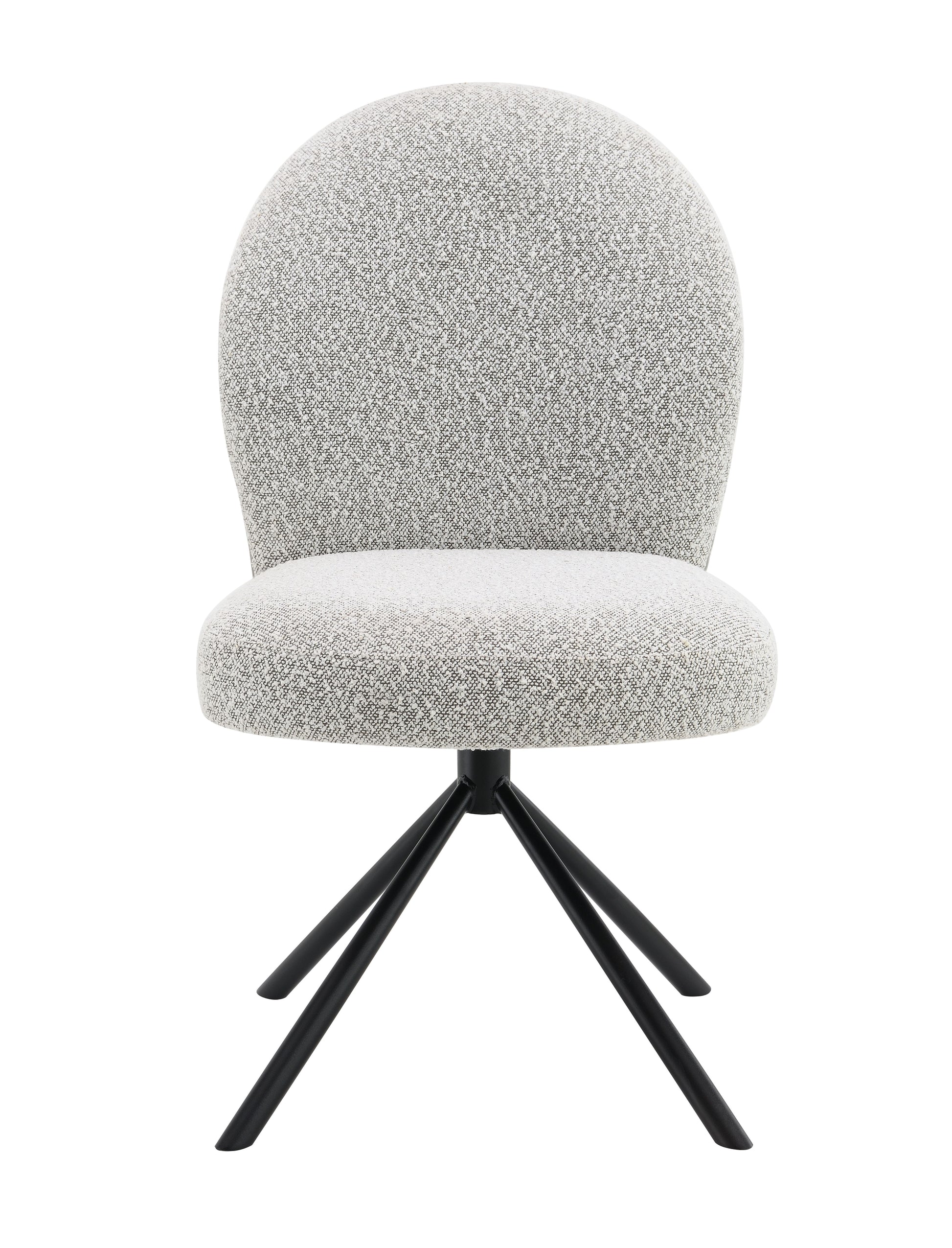 Textured grey upholstered modern accent chair with a black metal tripod base