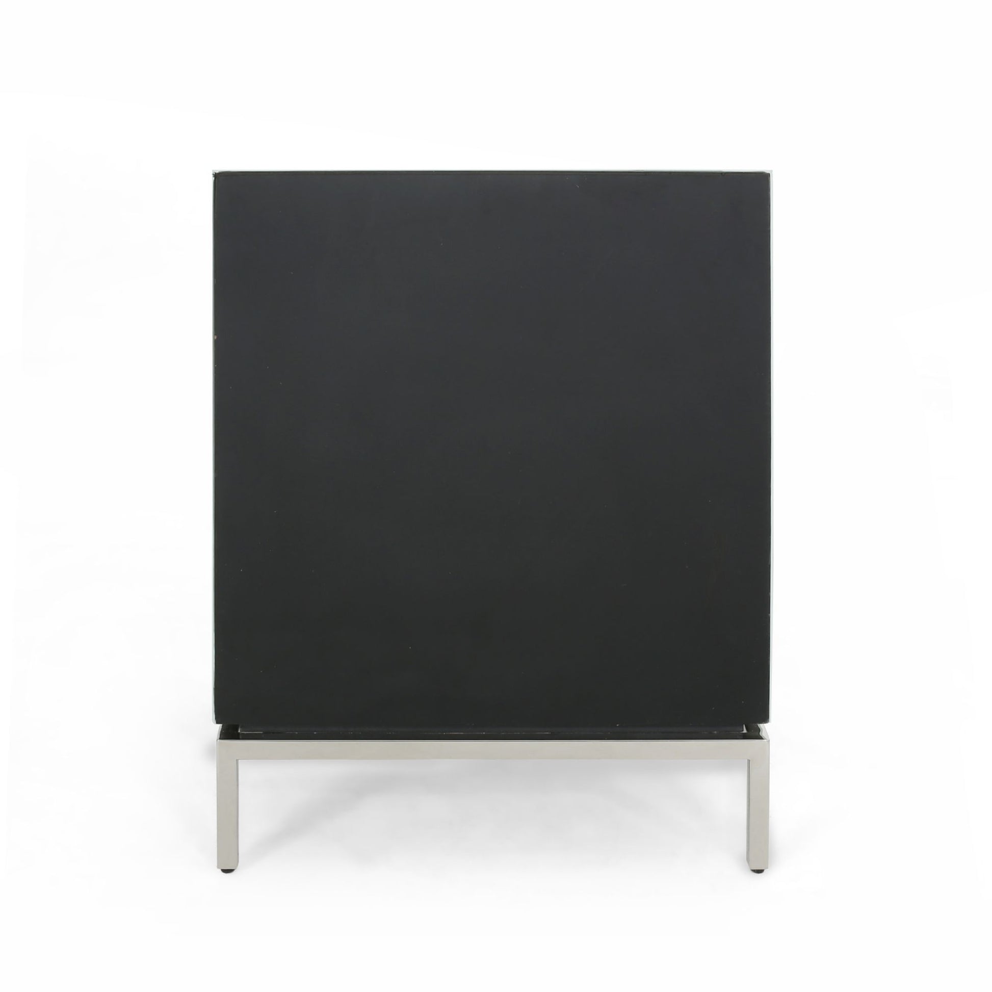 Sleek black modern media console with brushed metal legs