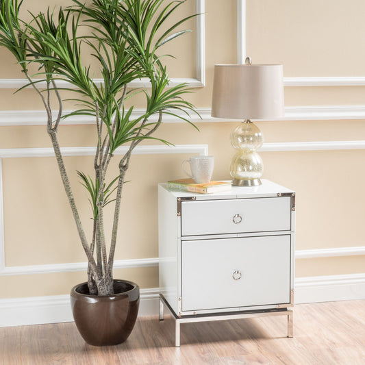 White mirrored nightstand with silver ring pulls and chrome legs