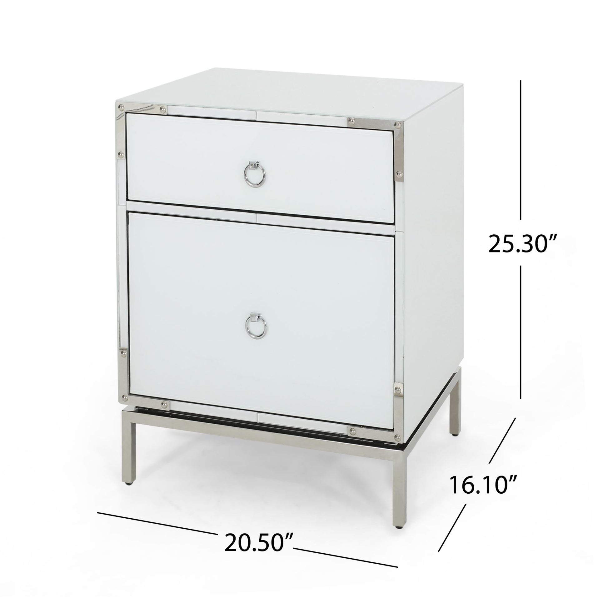 Mirrored white nightstand with two drawers and silver ring pulls