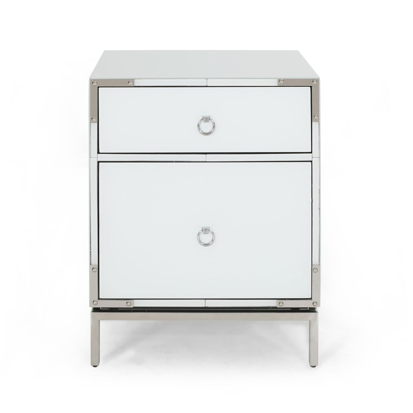 Mirrored nightstand with silver ring pull silver trim and chrome legs
