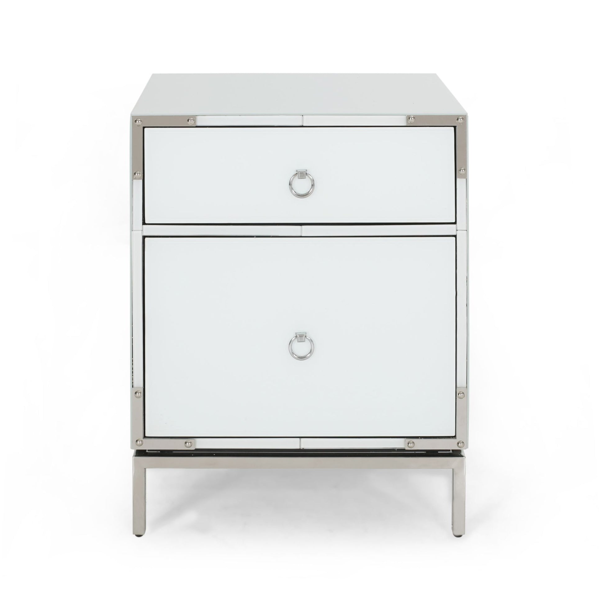Mirrored nightstand with silver ring pull silver trim and chrome legs