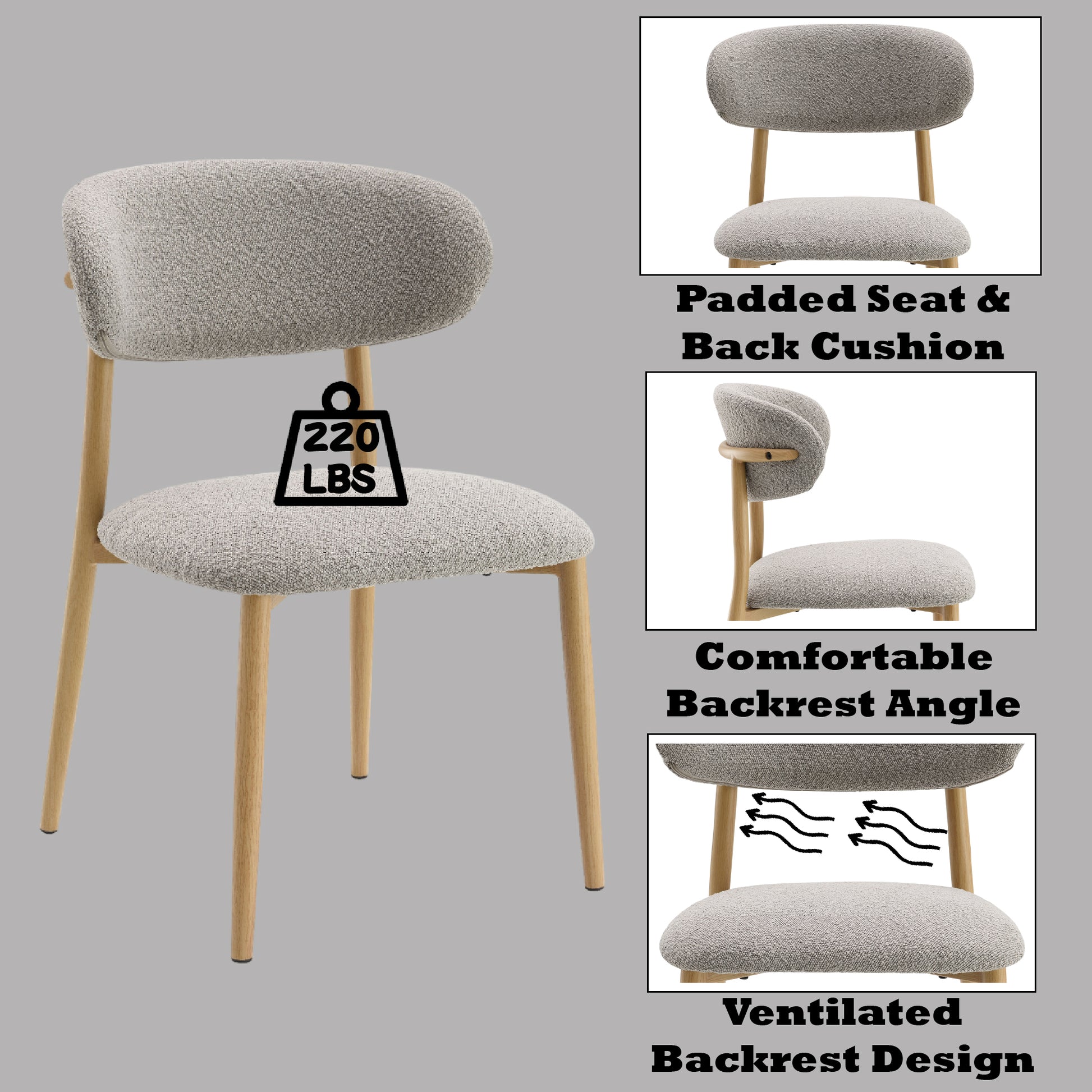 Light grey upholstered dining chair with curved back and wooden legs  lbs capacity