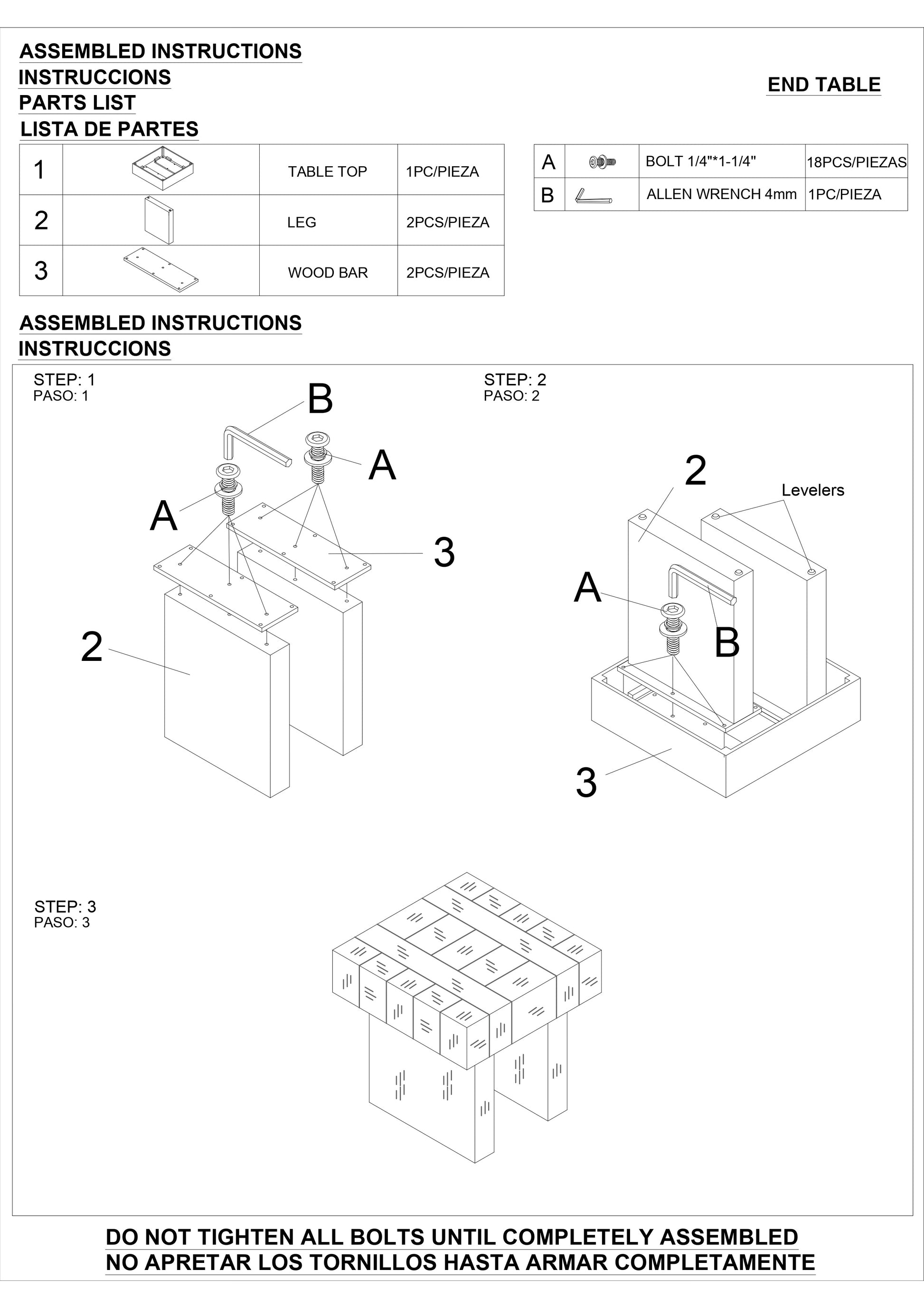 End table parts list pc table top pcs legs pcs wood bar bolts and allen wrench