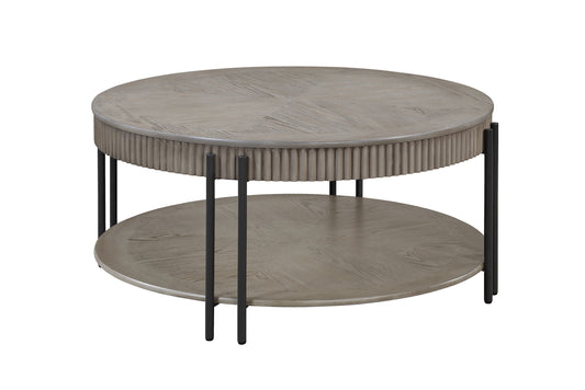 Round grey wood coffee table with ribbed side detail and black metal legs